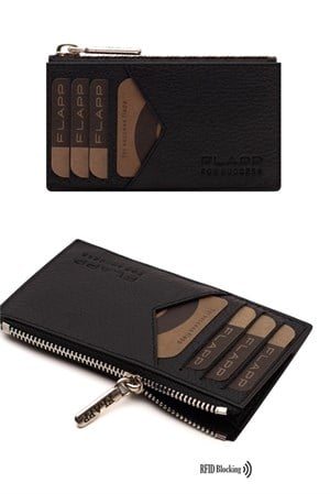 Flapp Deri Flotur Siyah Rfıd Engelleyici Fermuarlı Bozukpara Gözlü Unisex Çanta Cüzdan