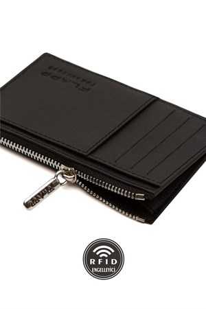 Flapp Deri Siyah Desenli Rfıd Korumalı Engelleyici Fermuarlı Bozukpara Gözlü Kadın Çanta Cüzdan