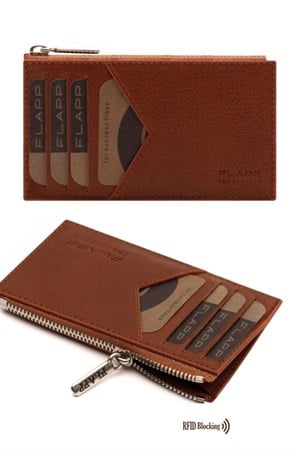 Flapp Flotur Taba Rfıd Engelleyici Fermuarlı Bozukpara Gözlü Unisex Çanta Cüzdan
