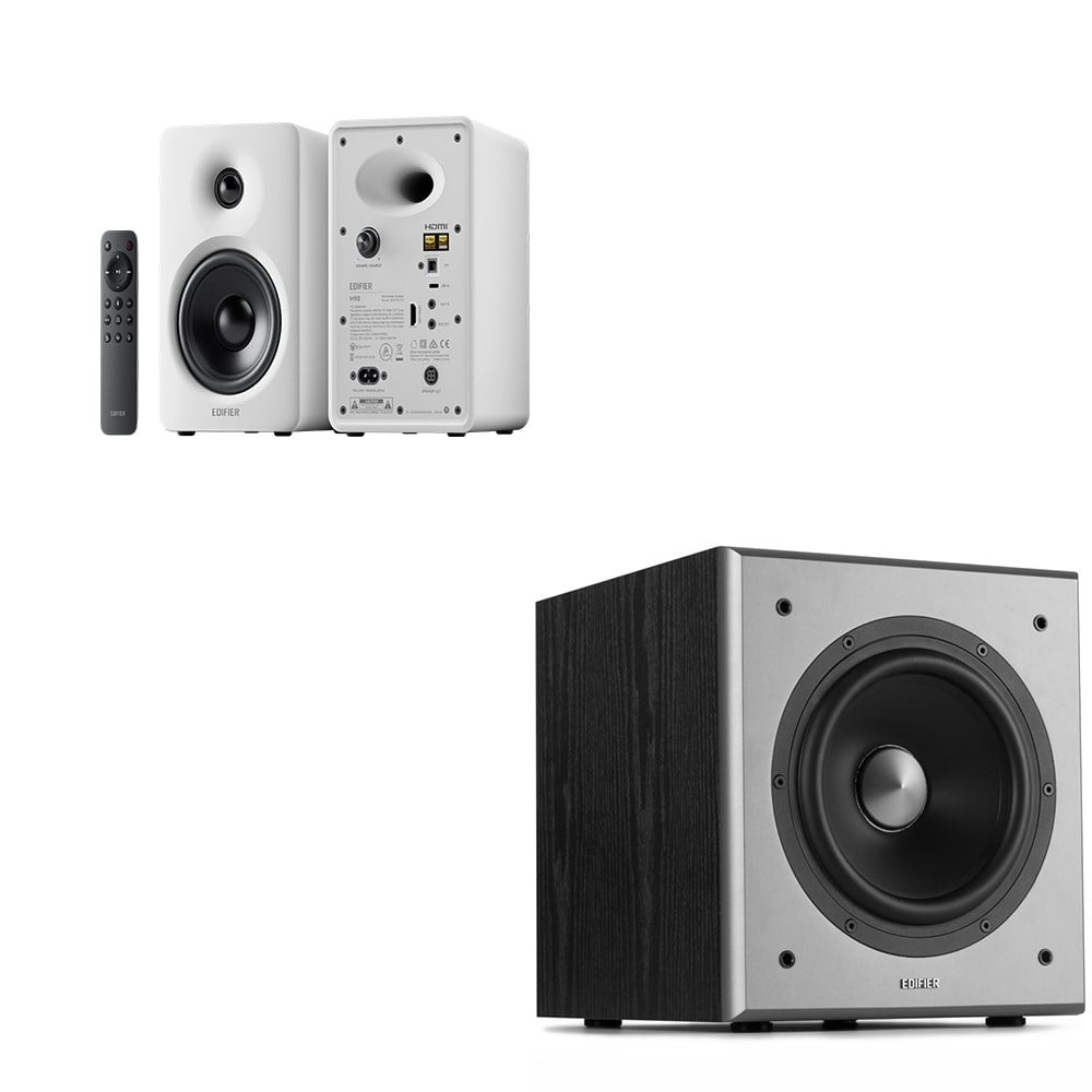 Edifier M90 Kompakt Aktif Hoparlör Beyaz ve Edifier T5 Aktif Subwoofer