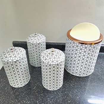 3Lü Kavanoz Set (Çay-Şeker-Kahve) Ve Tezgah Üstü Çöp Kovası 4 Lü Metal Set