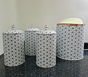 3Lü Kavanoz Set (Çay-Şeker-Kahve) Ve Tezgah Üstü Çöp Kovası 4 Lü Metal Set
