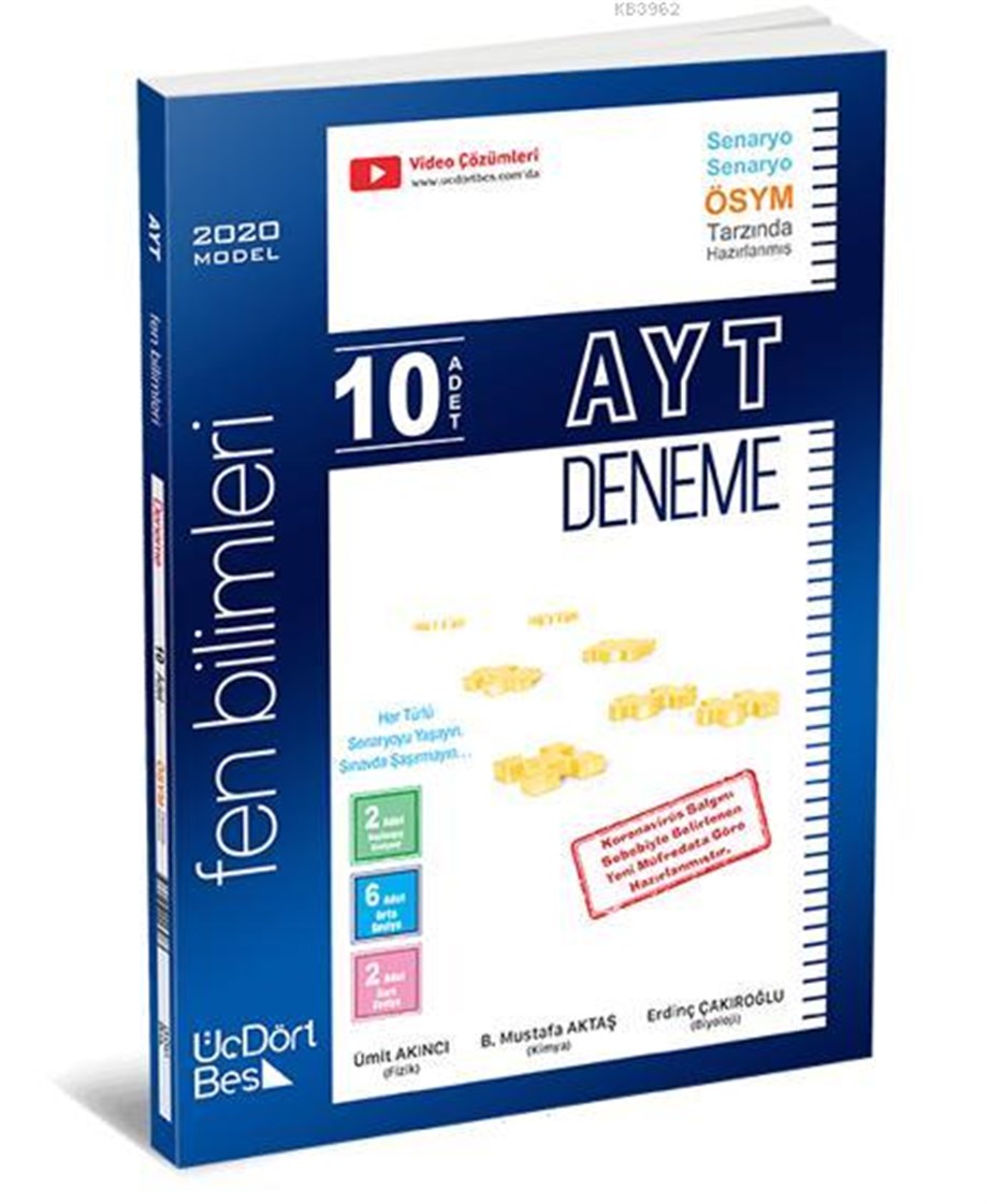 Üç Dört Beş Yayınları AYT Fen Bilimleri 10 Adet Deneme 2020 Özel Üç Dört Beş 
