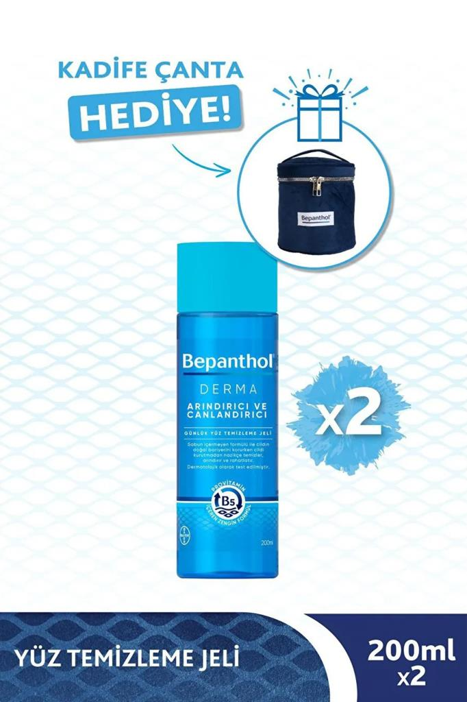 Bepanthol Derma Arındırıcı Canlandırıcı Yüz Temizleme Jeli 200 ml 2li Paket Kadife Çanta