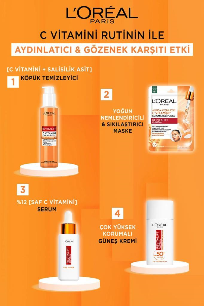 LOreal Paris Revitalift Clinical [C vitamini + Salisilik Asit], Aydınlatıcı ve Gözenek Karşıtı Köpük Temizleyici