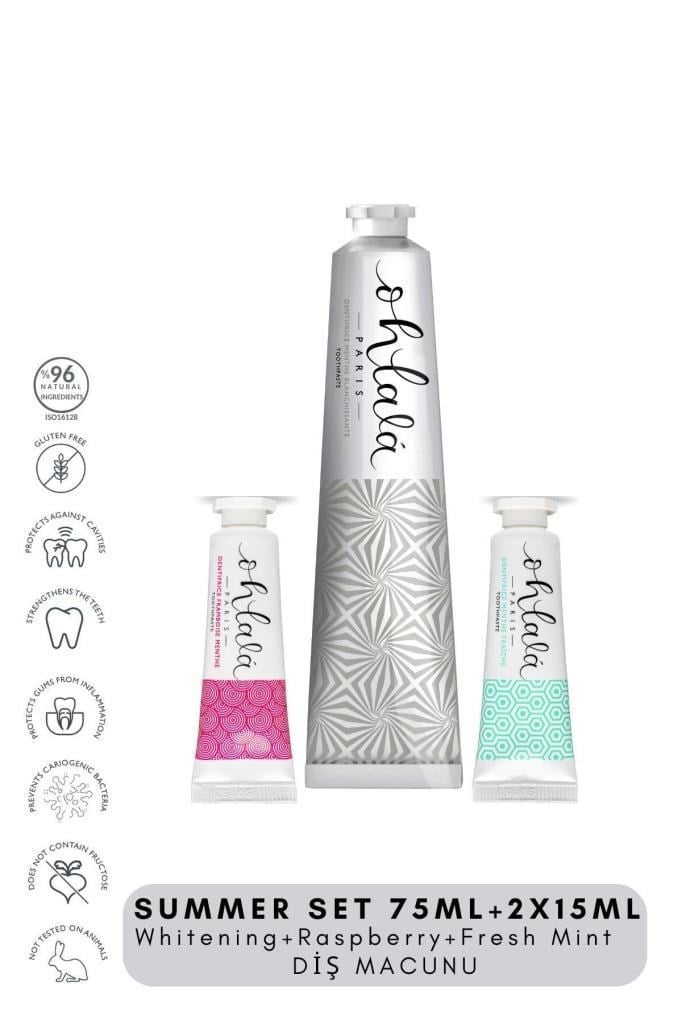 Ohlala Whitening 75 ml+Fresh Mint 15 ml+Raspberry mint 15 ml Summer Diş Bakım Seti 
