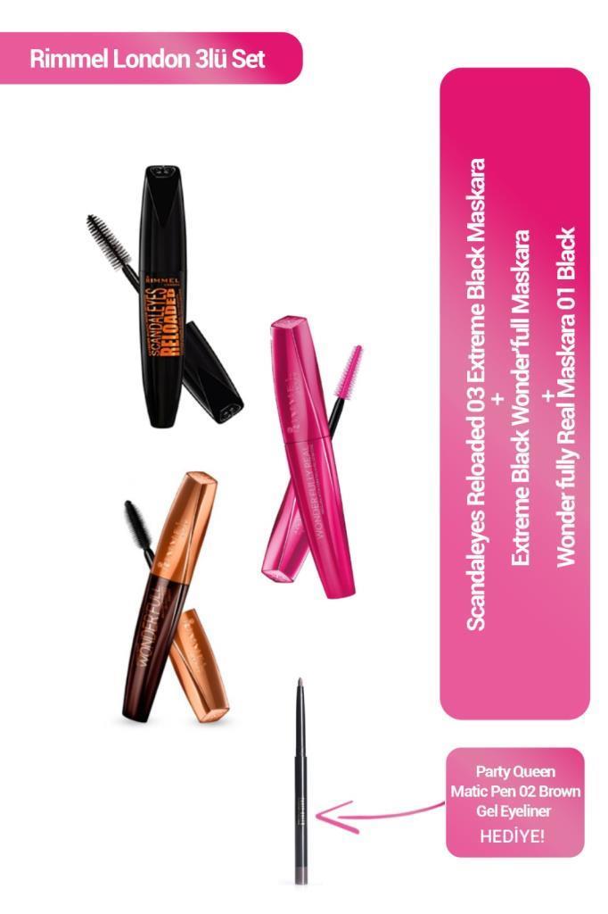 Rimmel London 3'Lü Maskara Seti + Party Queen Göz Kalem Hediye