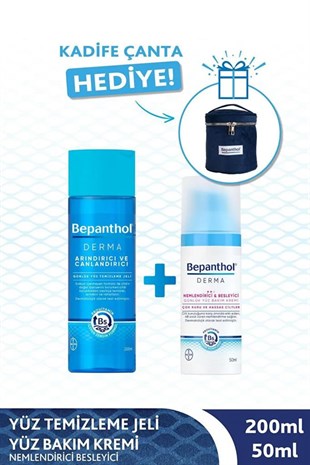 Bepanthol Derma Yüz Temizleme Jeli 200ml Nemlendirici Yüz Bakım Kremi 50ml Kadife Çanta