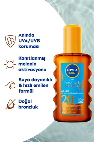 Nivea Sun Koruma&Bronzluk SPF20 Doğal Bronzluk Güneş Spreyi 200 ml 