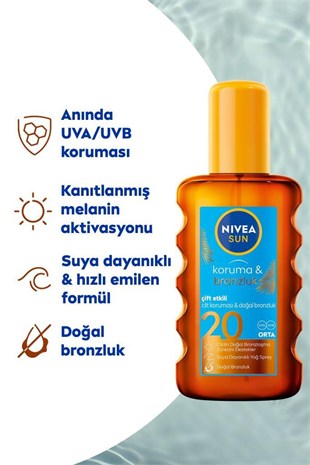 Nivea Sun Koruma&Bronzluk SPF20 Doğal Bronzluk Güneş Spreyi 200 ml 