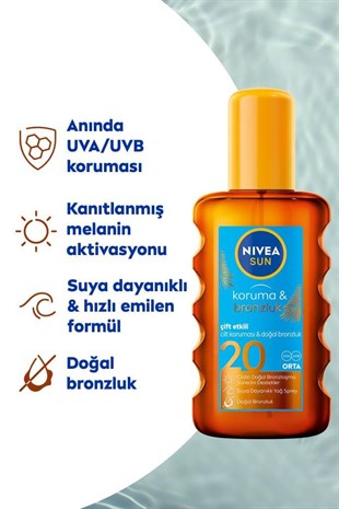 Nivea Sun Koruma&Bronzluk SPF20 Doğal Bronzluk Güneş Spreyi 200 ml 