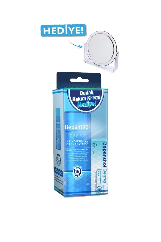 Bepanthol Derma Yüz Temizleme Jeli 200 ml Derma Dudak Bakım Kremi 7.5 ml + Ayna Hediye