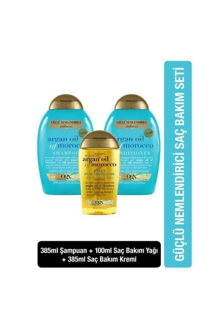 OGX Argan Oil Of Morocco Sülfatsız Şampuan + Saç Bakım Kremi + Argan Oil Of Morocco Saç Bakım Yağı