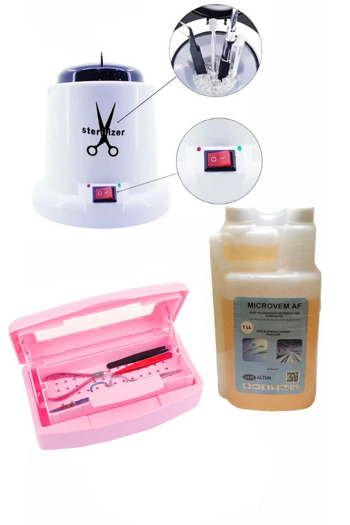 ELLEA NAİL 100 W STERILIZASYON MAKİNESİ VE MİCROVEM DEZENFEKTAN SIVI 1 LT ASANSÖRLÜ STERİL KUTUSU SETİ PEMBE