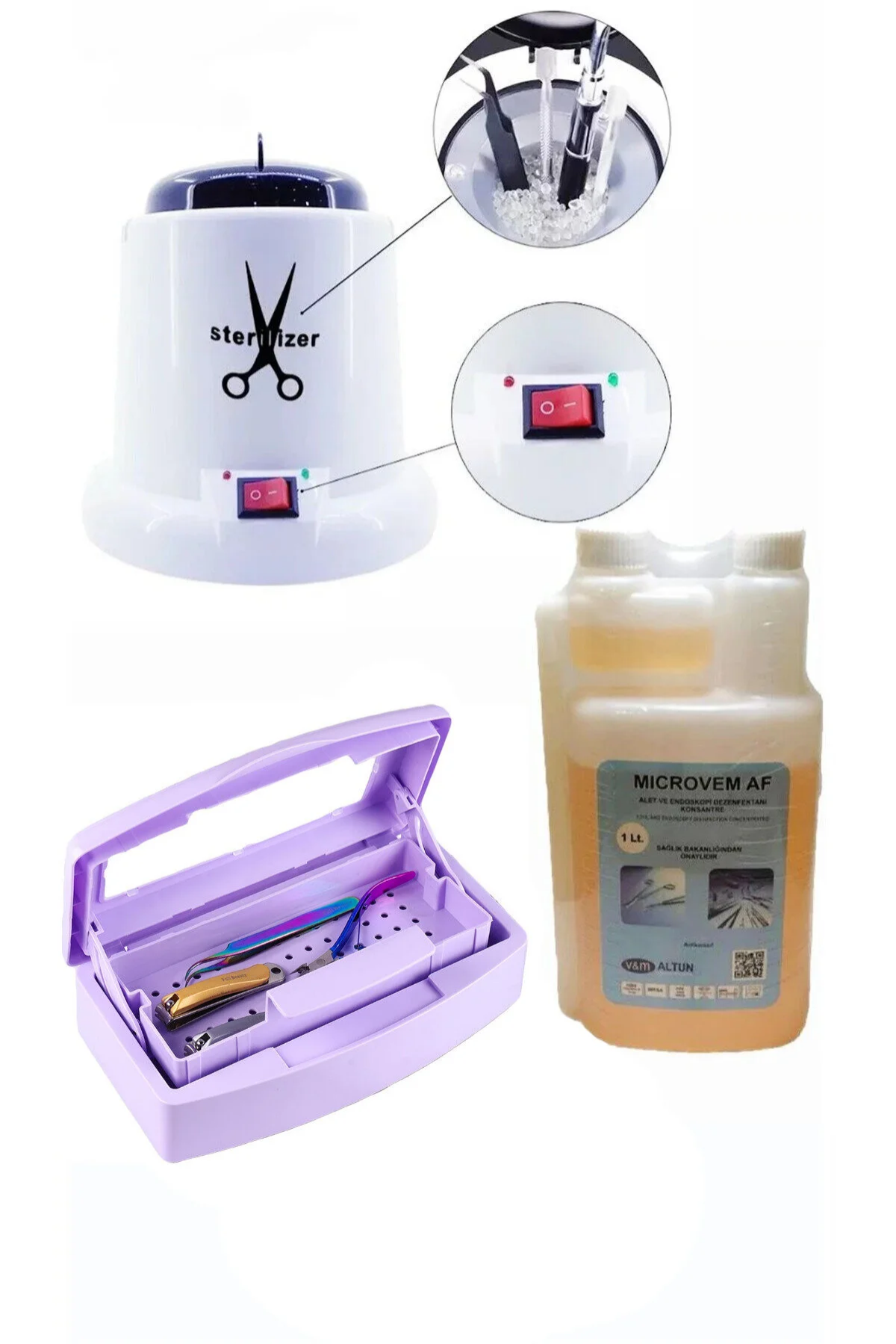 ELLEA NAİL 100 W STERILIZASYON MAKİNESİ VE MİCROVEM DEZENFEKTAN SIVI 1 LT ASANSÖRLÜ STERİL KUTUSU SETİ MOR