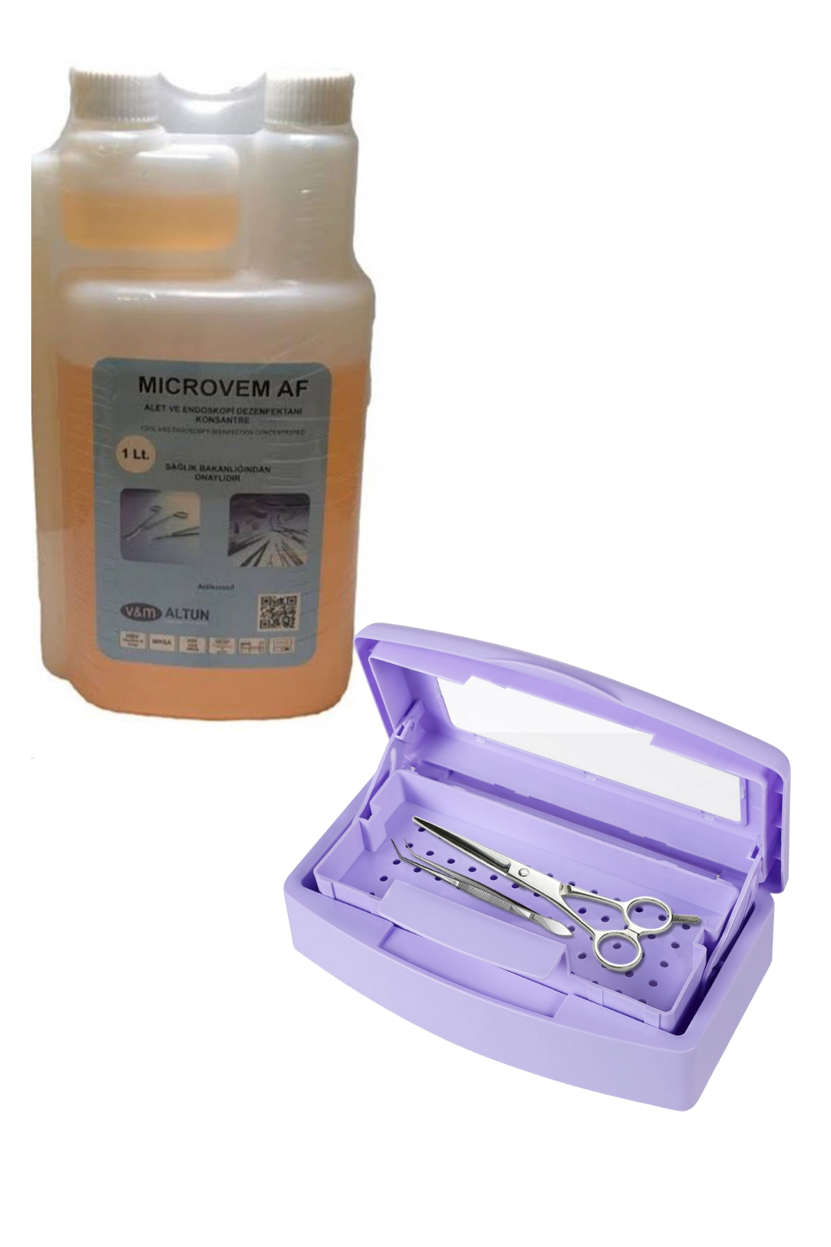 Ellea Nail Asansörlü Sterilizasyon Kabı Ve Microvem Dezenfektan Sıvı 1 Lt Set Mor
