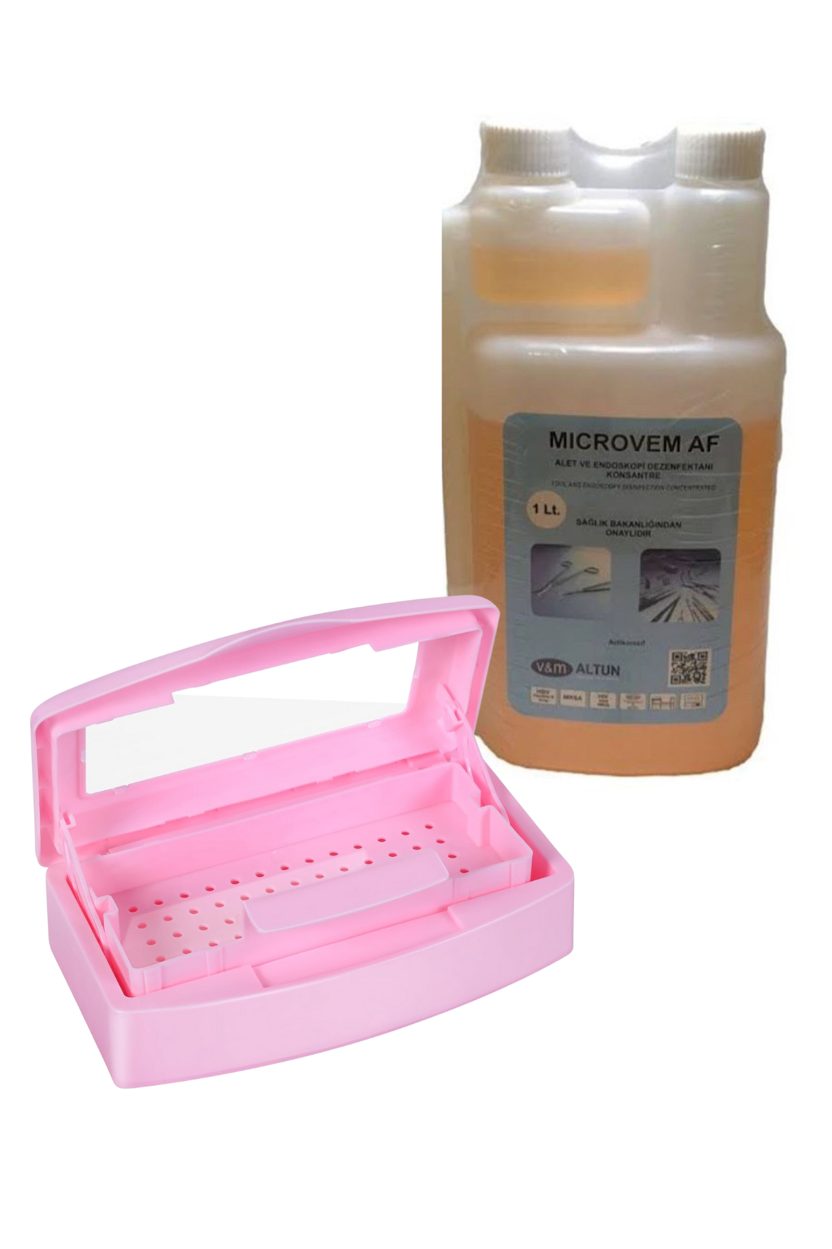 Ellea Nail Asansörlü Sterilizasyon Kabı Ve Microvem Dezenfektan Sıvı 1 Lt Set Pembe