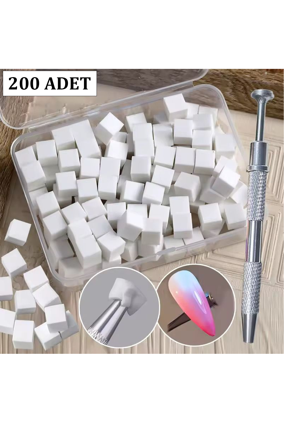 Nail Art Ombre Süngeri 200 Adet Beyaz Sünger + 1 Adet Metal Tutucu Set