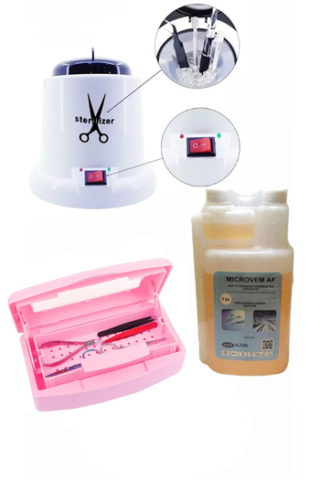 ELLEA NAİL 100 W STERILIZASYON MAKİNESİ VE MİCROVEM DEZENFEKTAN SIVI 1 LT ASANSÖRLÜ STERİL KUTUSU SETİ PEMBE