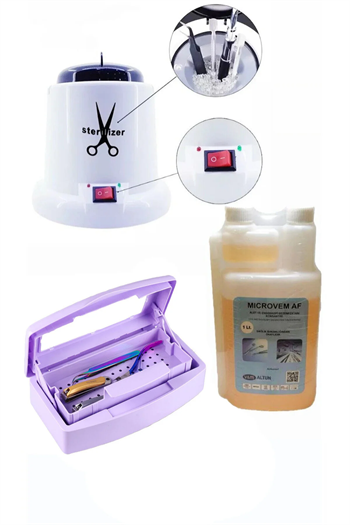 ELLEA NAİL 100 W STERILIZASYON MAKİNESİ VE MİCROVEM DEZENFEKTAN SIVI 1 LT ASANSÖRLÜ STERİL KUTUSU SETİ MOR