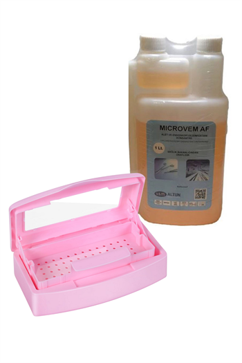 Ellea Nail Asansörlü Sterilizasyon Kabı Ve Microvem Dezenfektan Sıvı 1 Lt Set Pembe