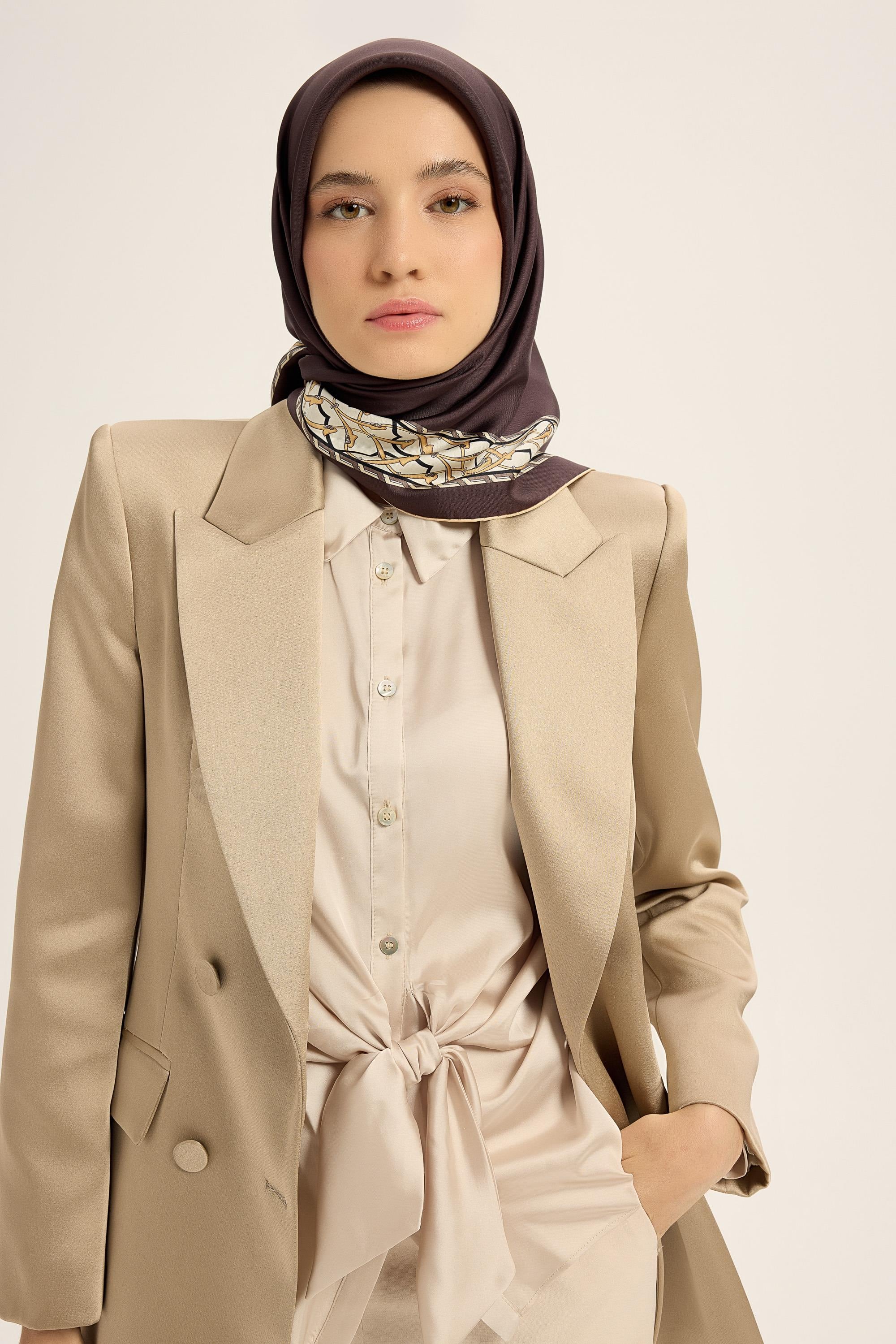 AHENK TİVİL İPEK EŞARP 90*90 CM - KAHVERENGİ