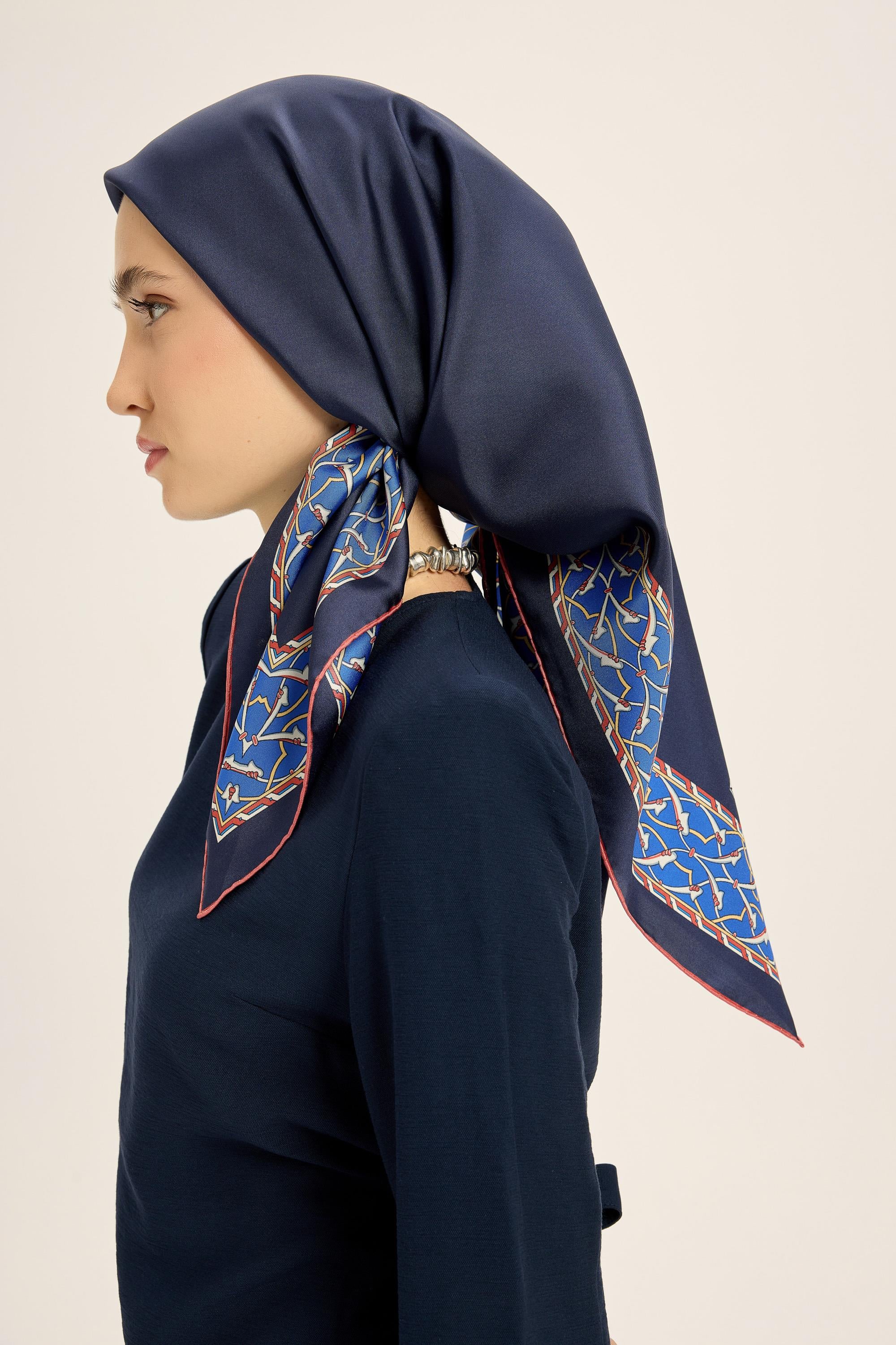 AHENK TİVİL İPEK EŞARP 90*90 CM - KOYU MAVİ