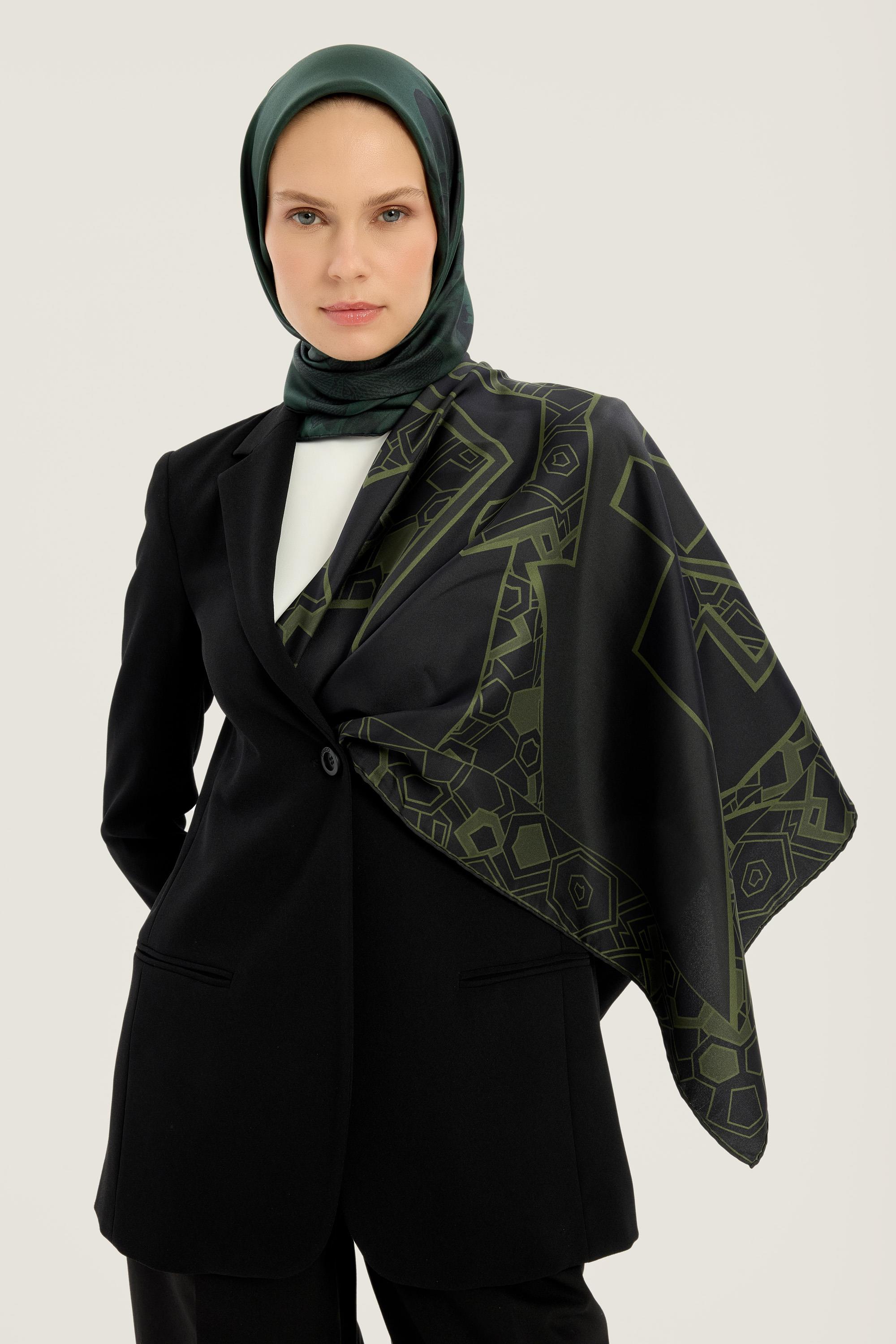 ALEV TİVİL İPEK EŞARP 90*90 CM - KOYU YEŞİL