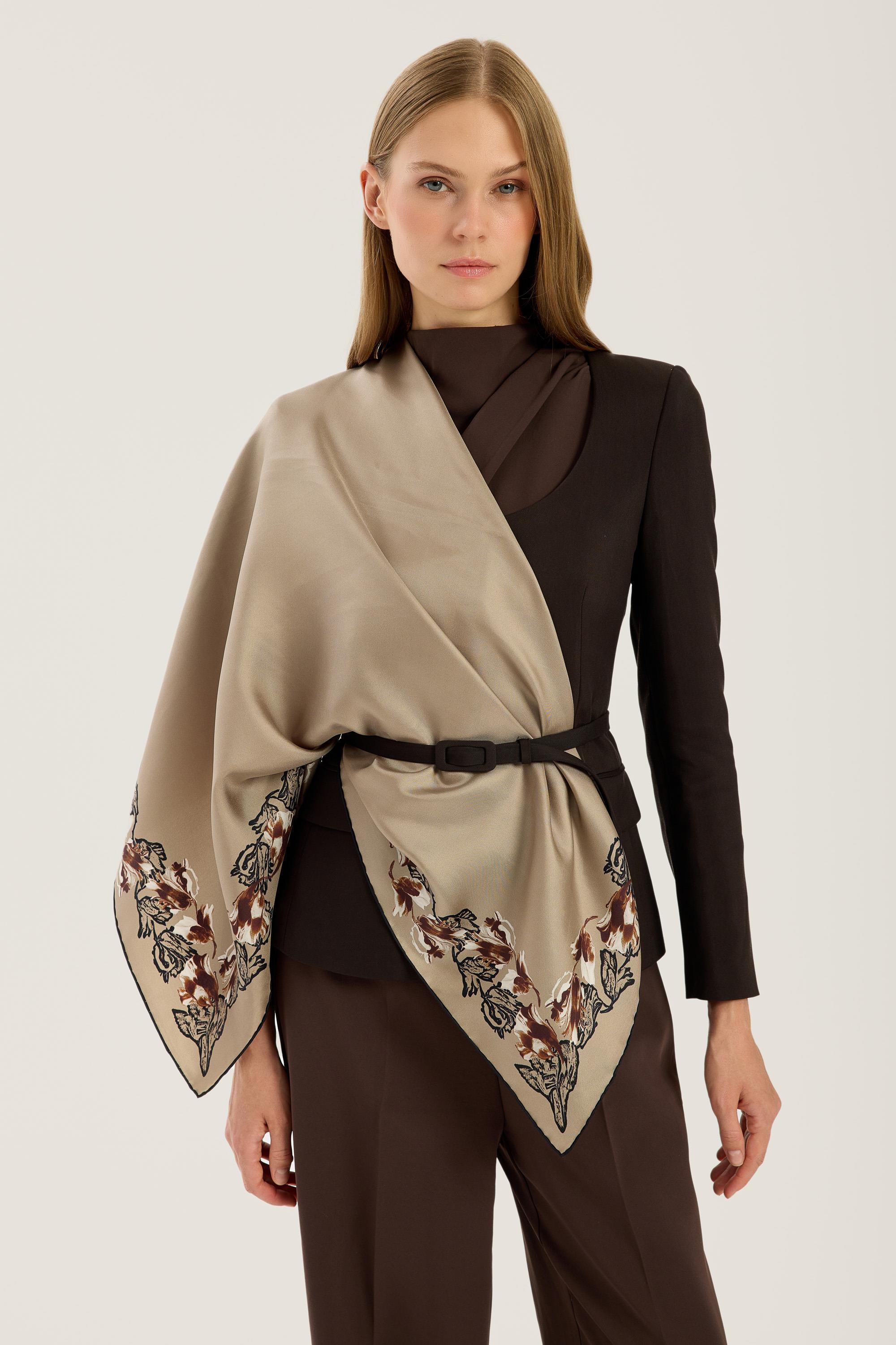 BADE TİVİL İPEK EŞARP 90*90 CM - CAMEL