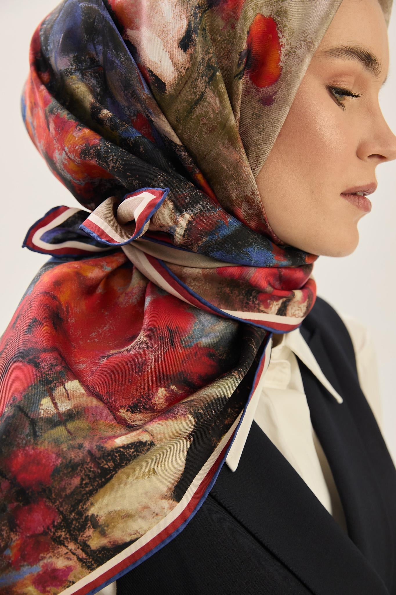 BENNE TİVİL İPEK EŞARP 90*90 CM - MORCİVERT