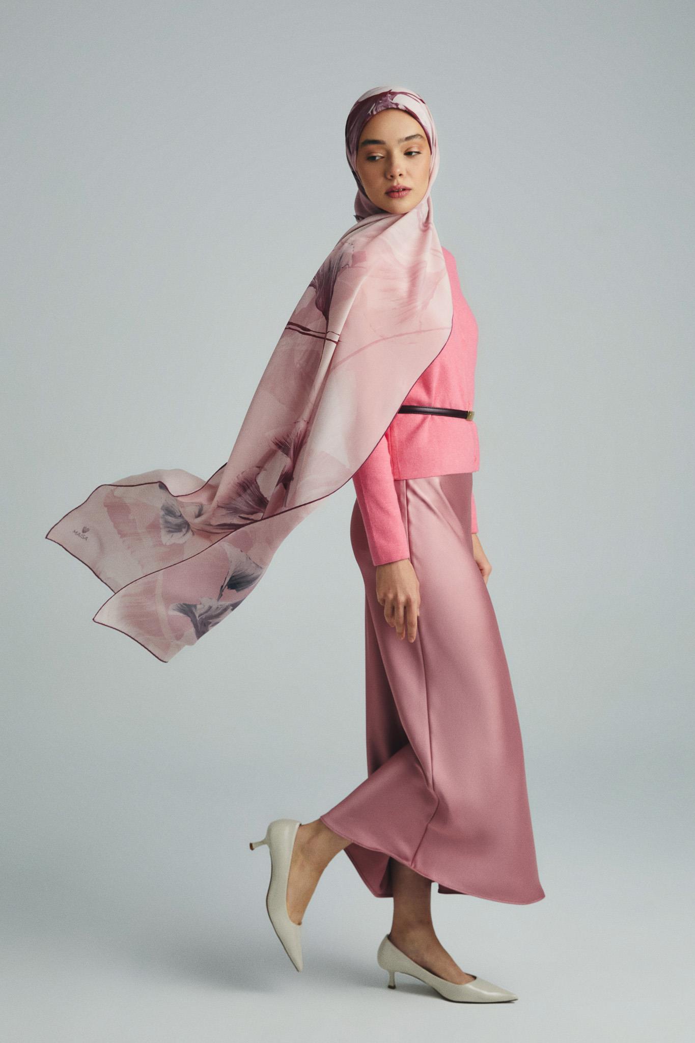 EFZA KREP İPEK ŞAL 70*190 CM - PEMBE