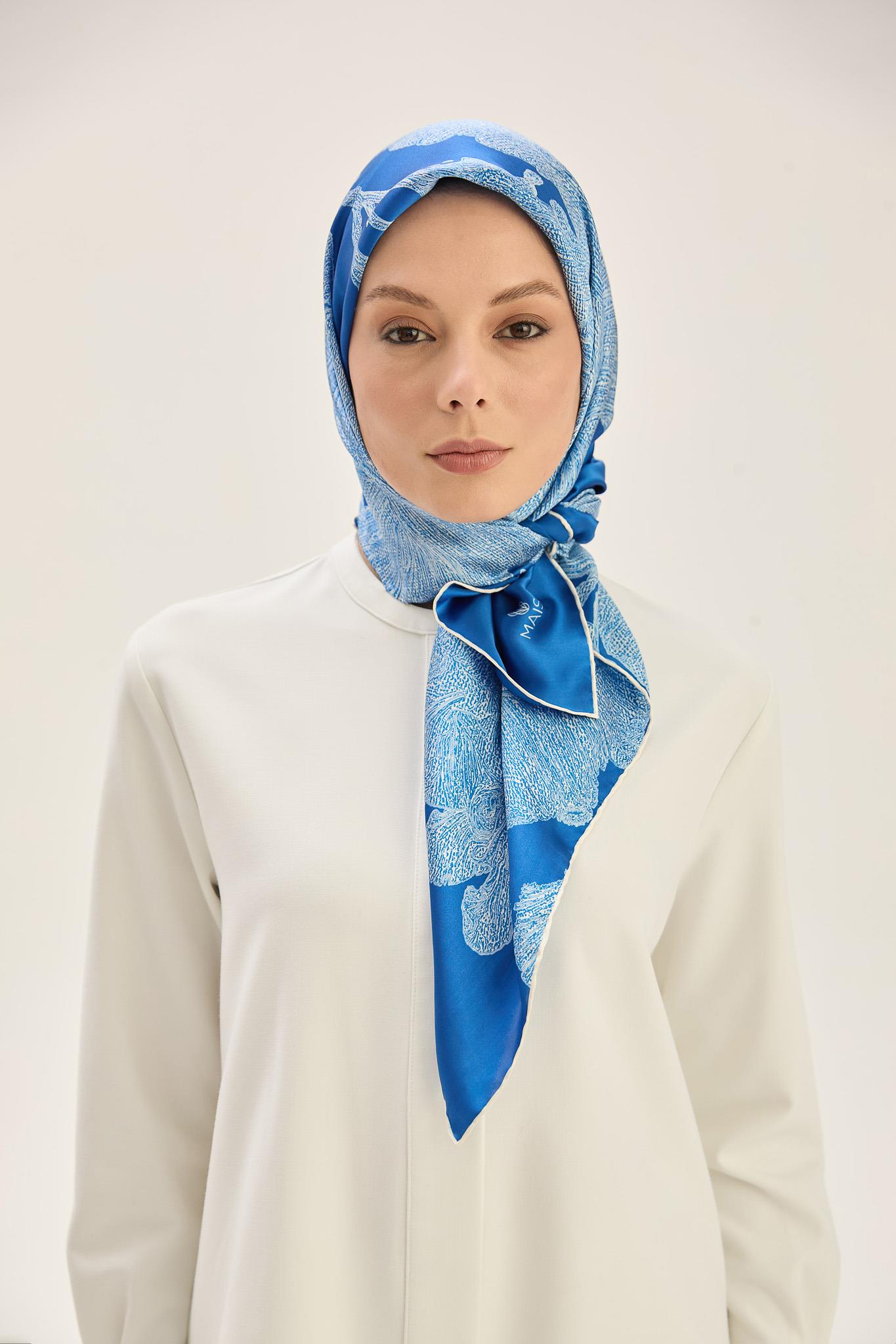 FARAH SURA İPEK EŞARP 90*90 CM - KOYU MAVİ