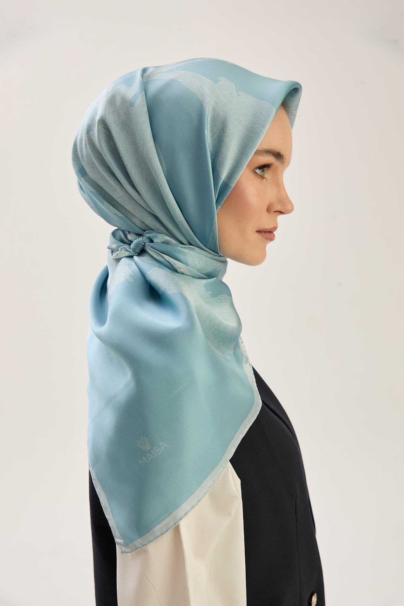 FARAH SURA İPEK EŞARP 90*90 CM - MAVİ