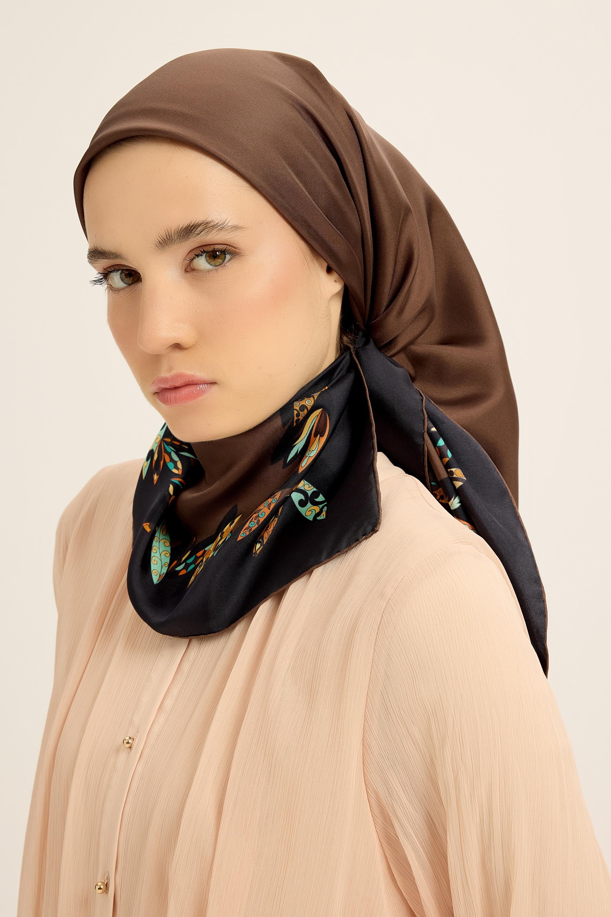 FER TİVİL İPEK EŞARP 90*90 CM - KAHVERENGİ