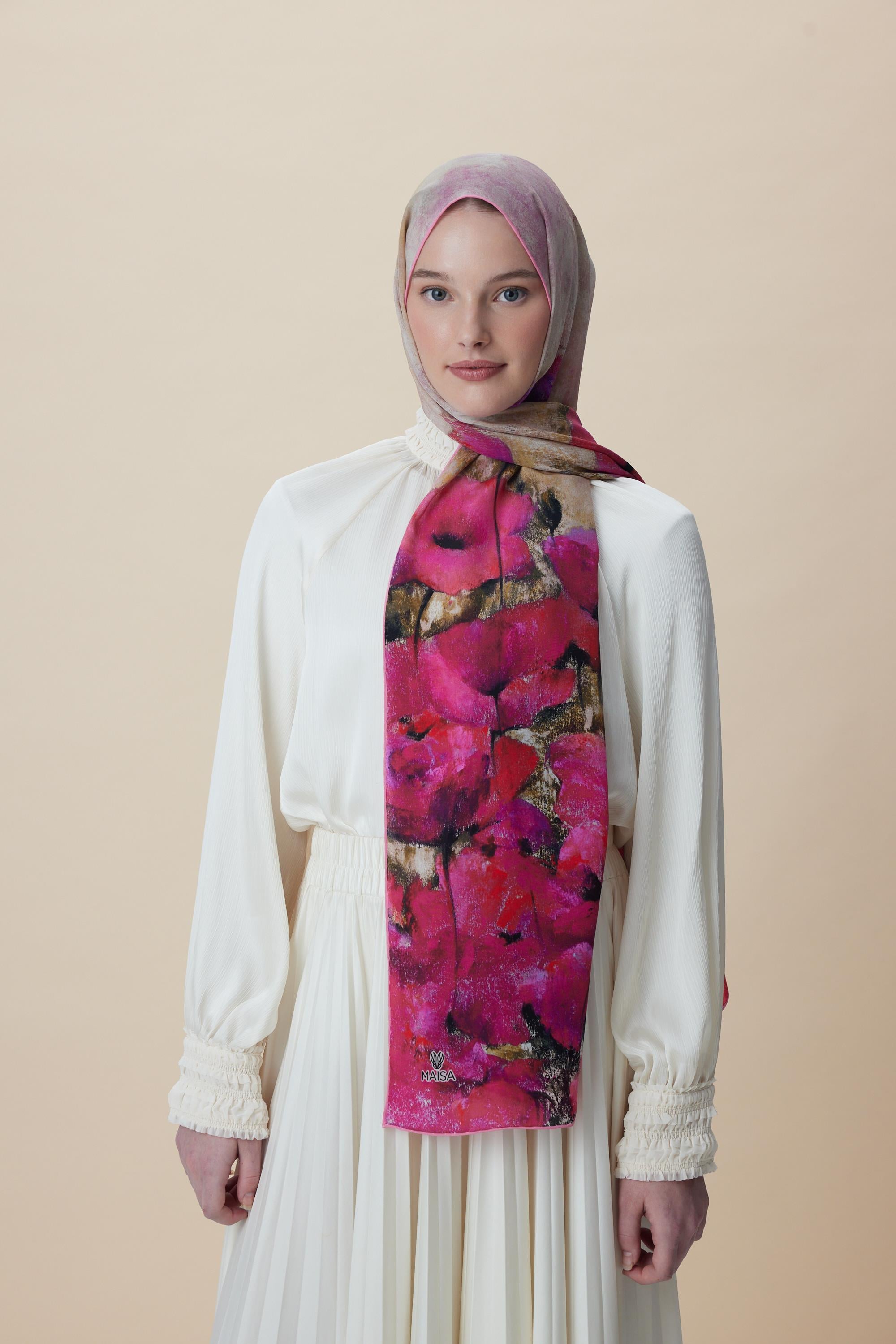 GELİNCİK KREP İPEK ŞAL 70*190 CM - FUŞYA