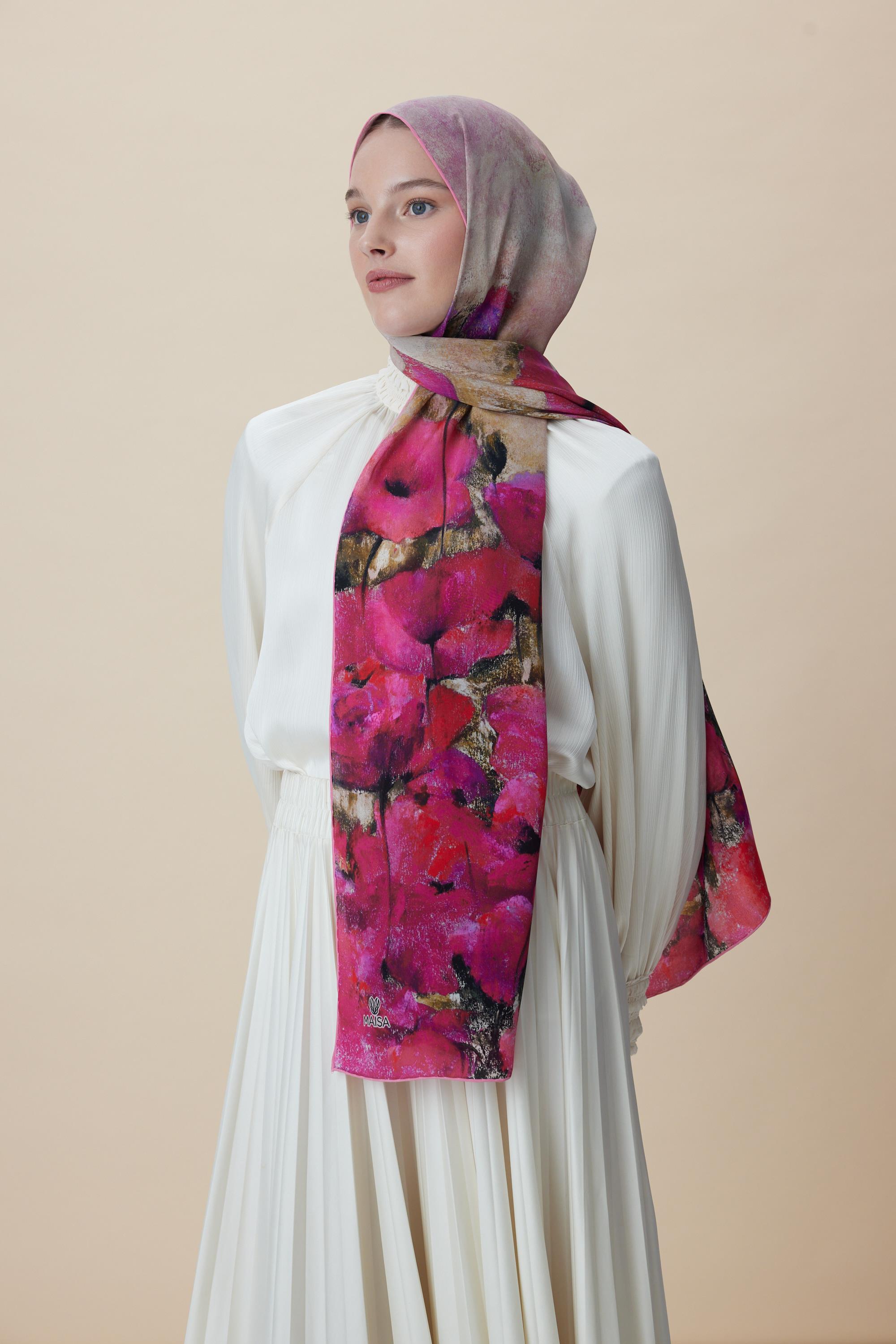 GELİNCİK KREP İPEK ŞAL 70*190 CM - FUŞYA