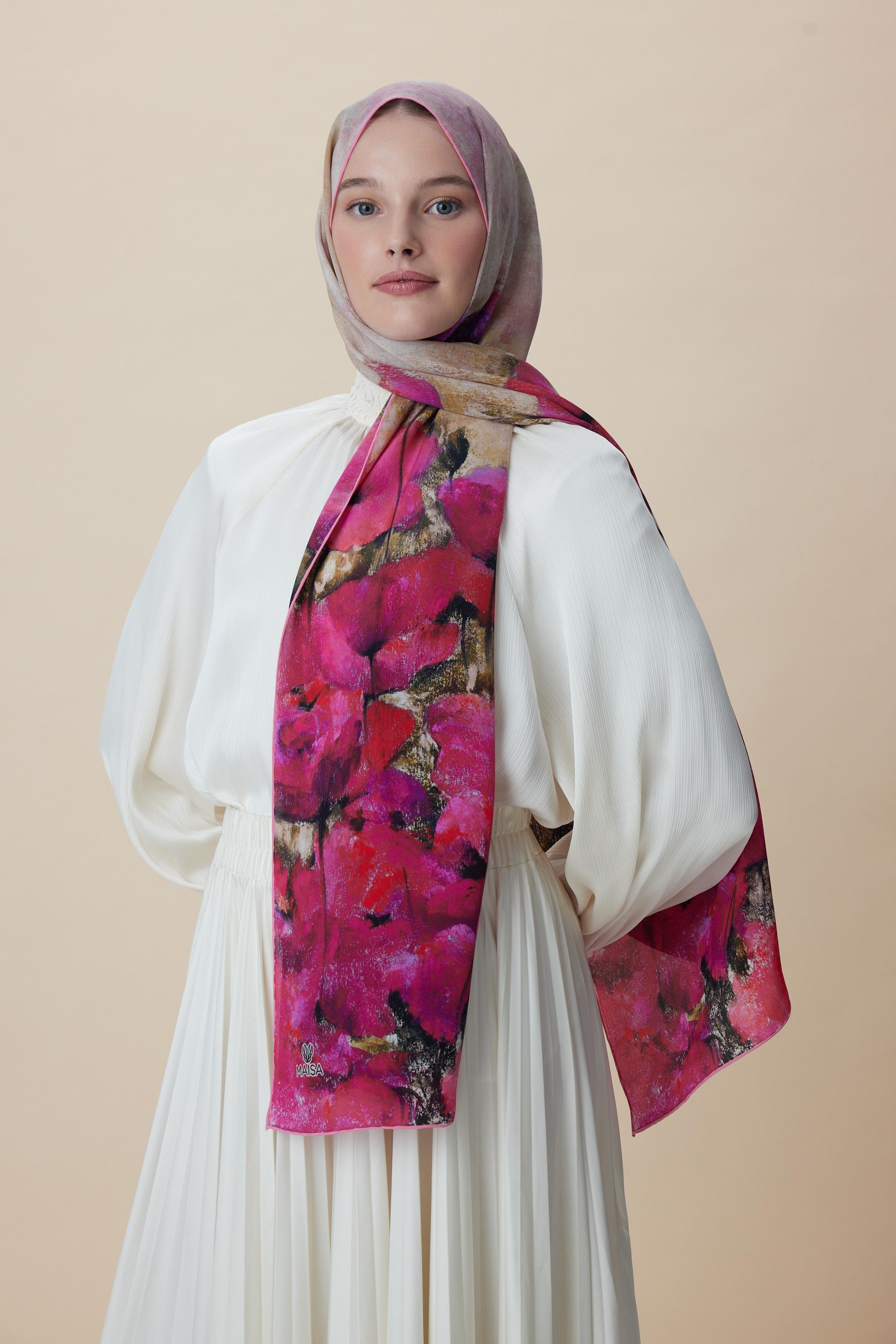 GELİNCİK KREP İPEK ŞAL 70*190 CM - FUŞYA