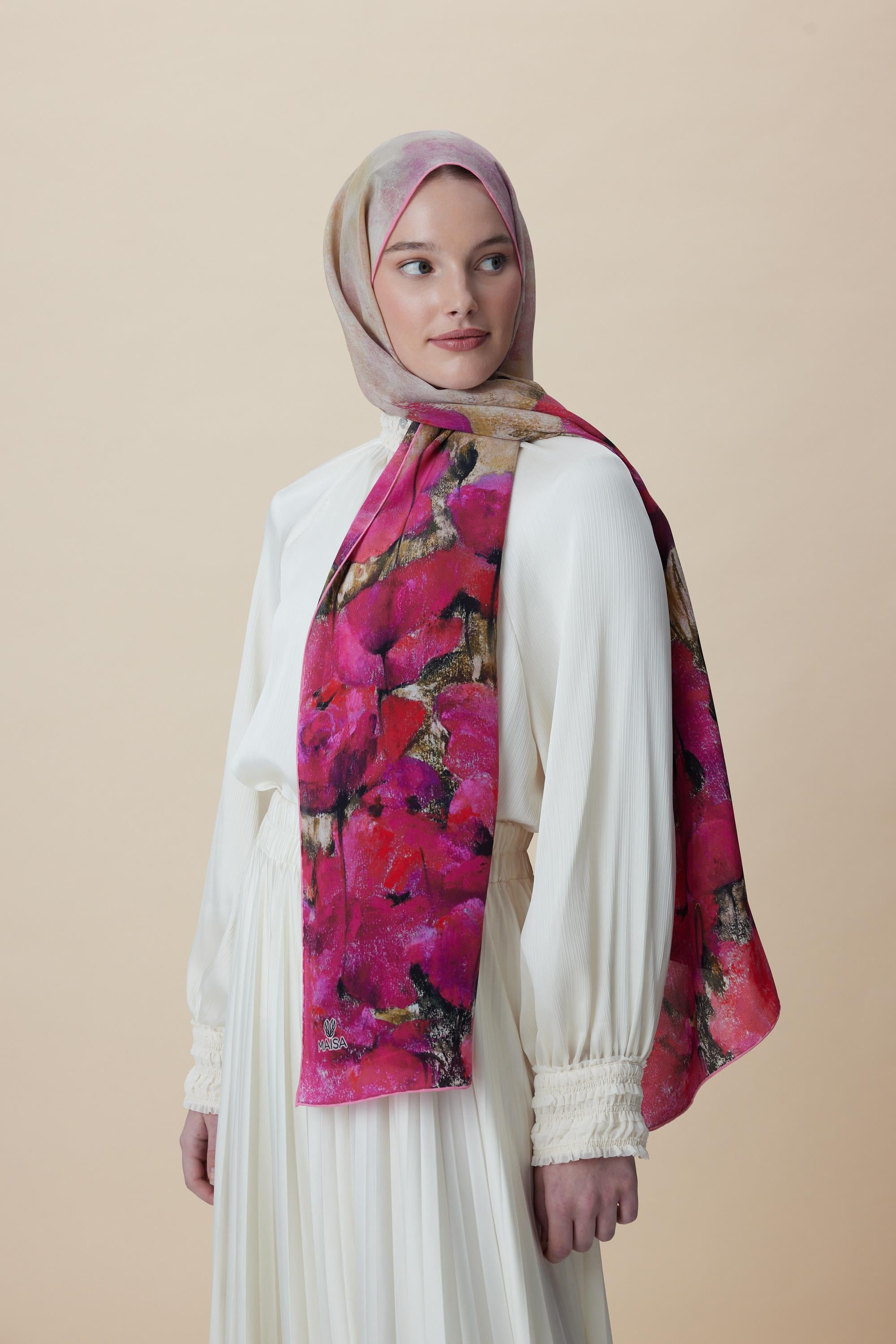 GELİNCİK KREP İPEK ŞAL 70*190 CM - FUŞYA