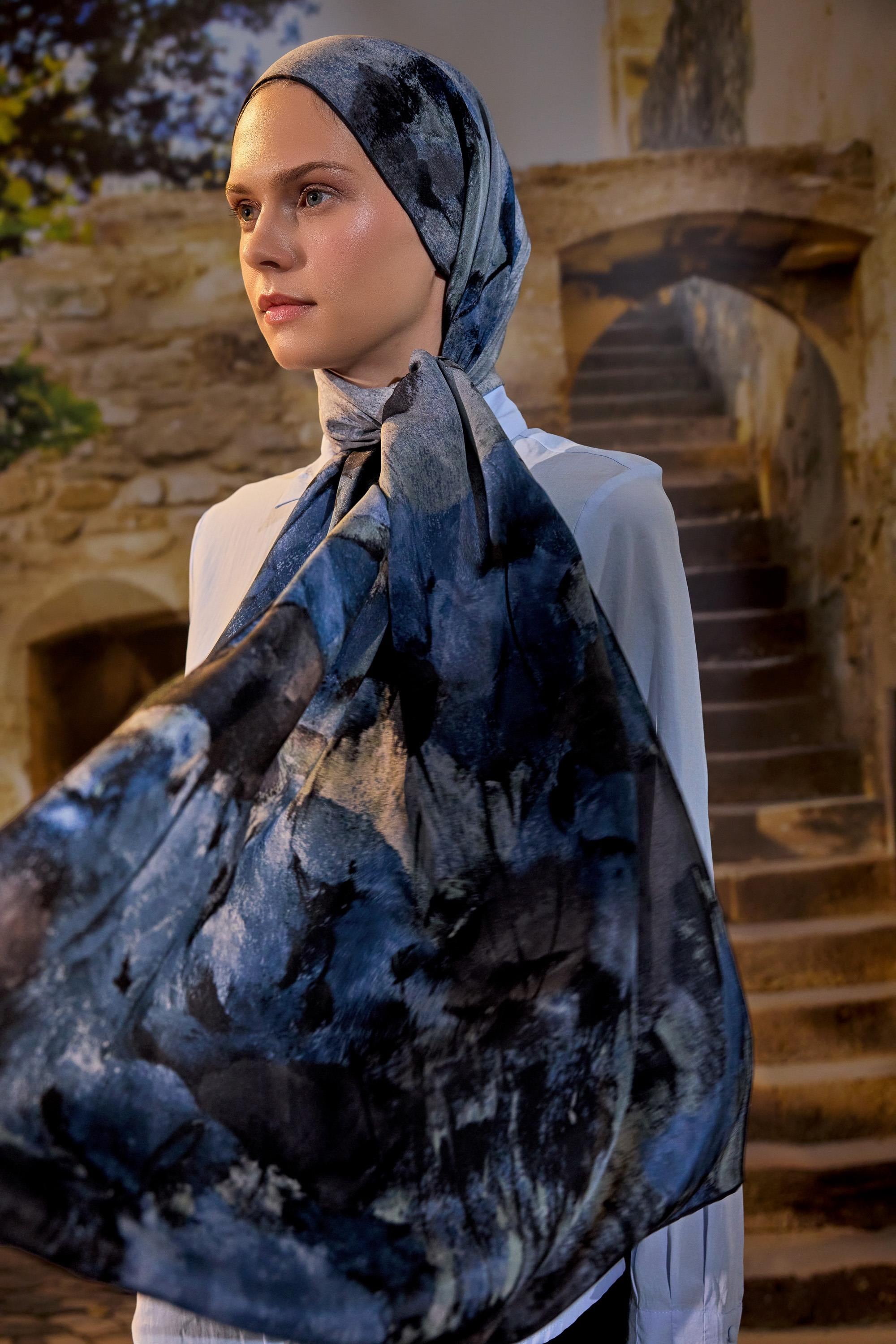 GELİNCİK KREP İPEK ŞAL 70*190 CM - MAVİ