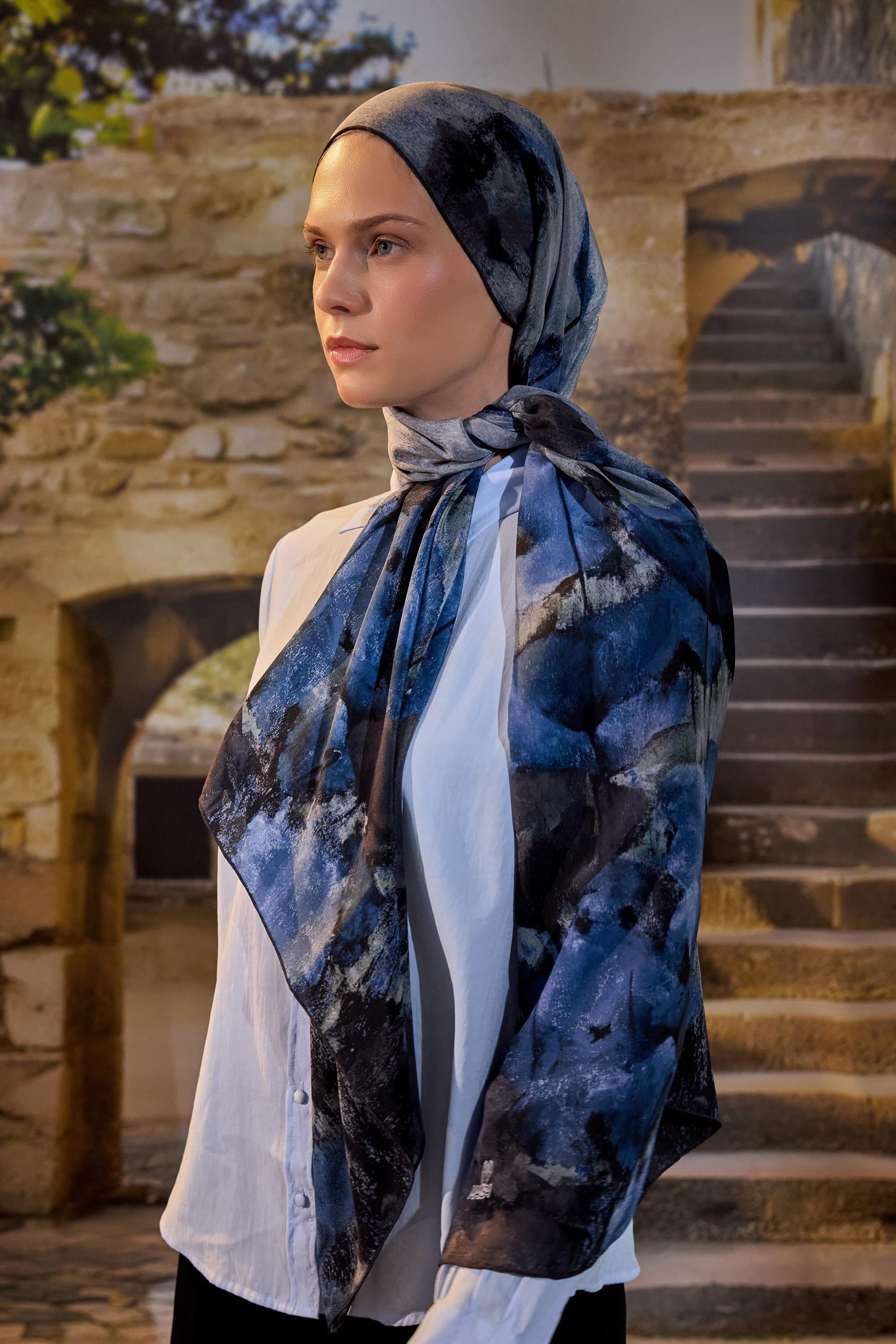 GELİNCİK KREP İPEK ŞAL 70*190 CM - MAVİ