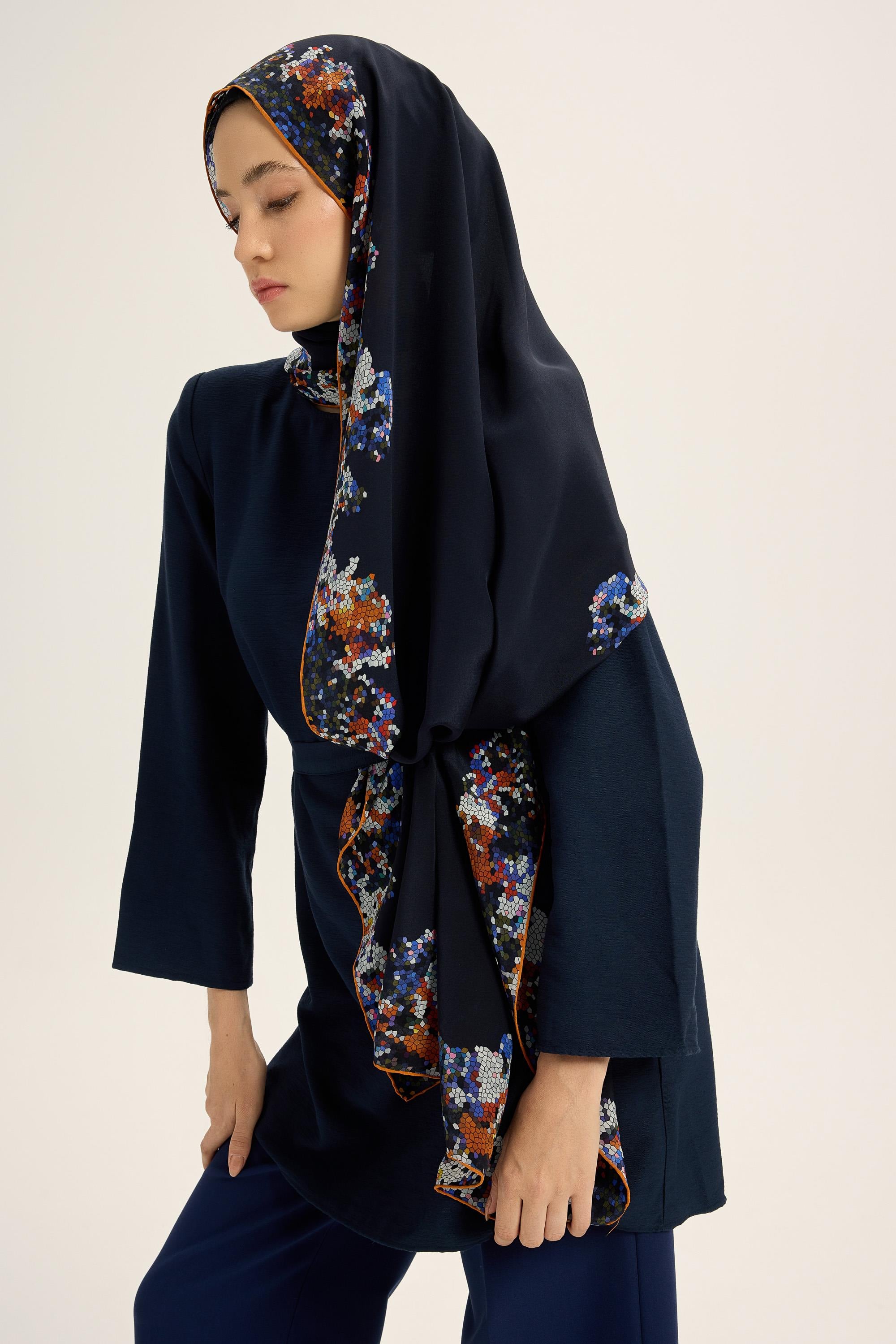 GİNA KREP İPEK ŞAL 70*190 CM - LACİVERT