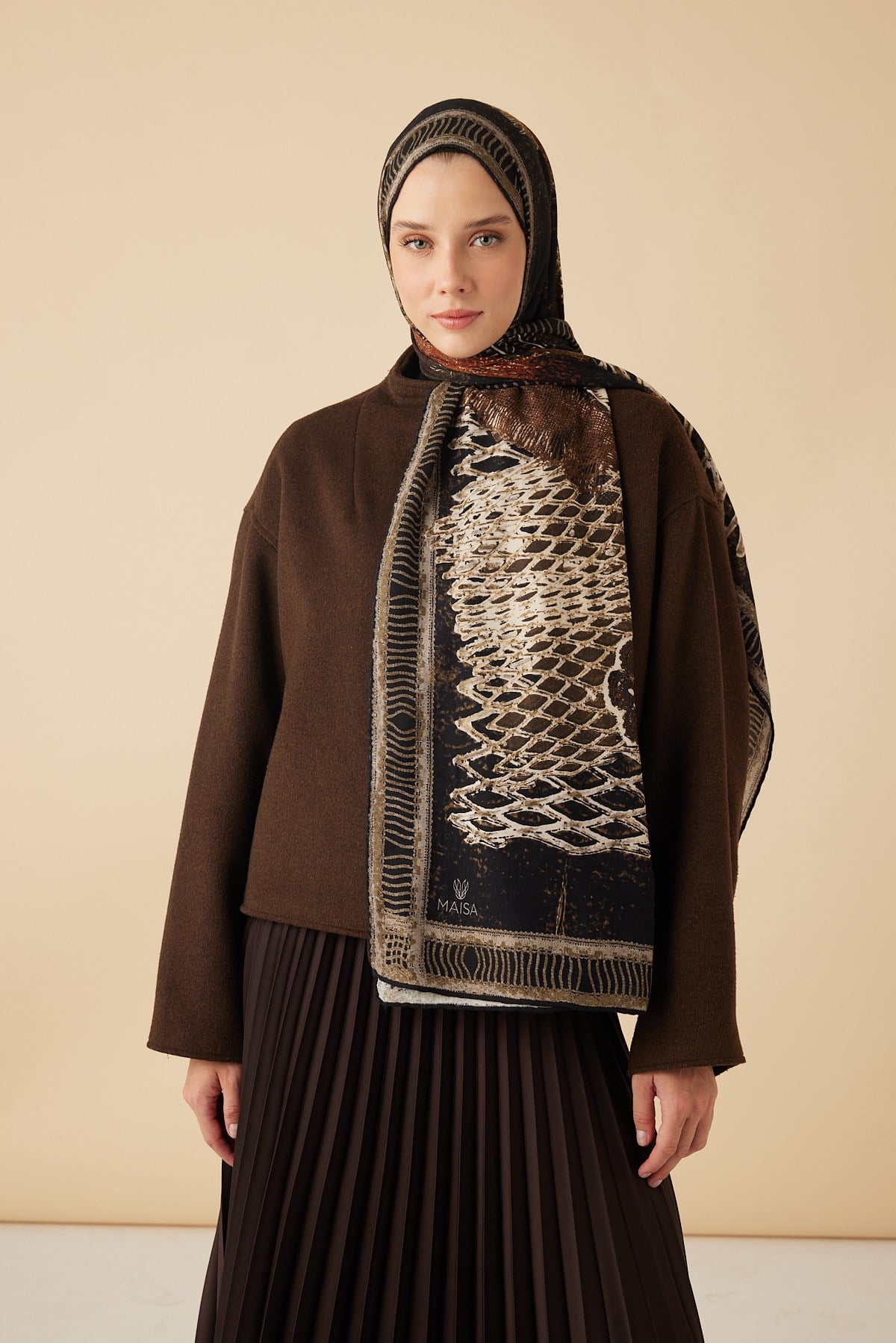 İLMEK YÜN İPEK KAŞMİR ŞAL 70*200 CM - KAHVERENGİ
