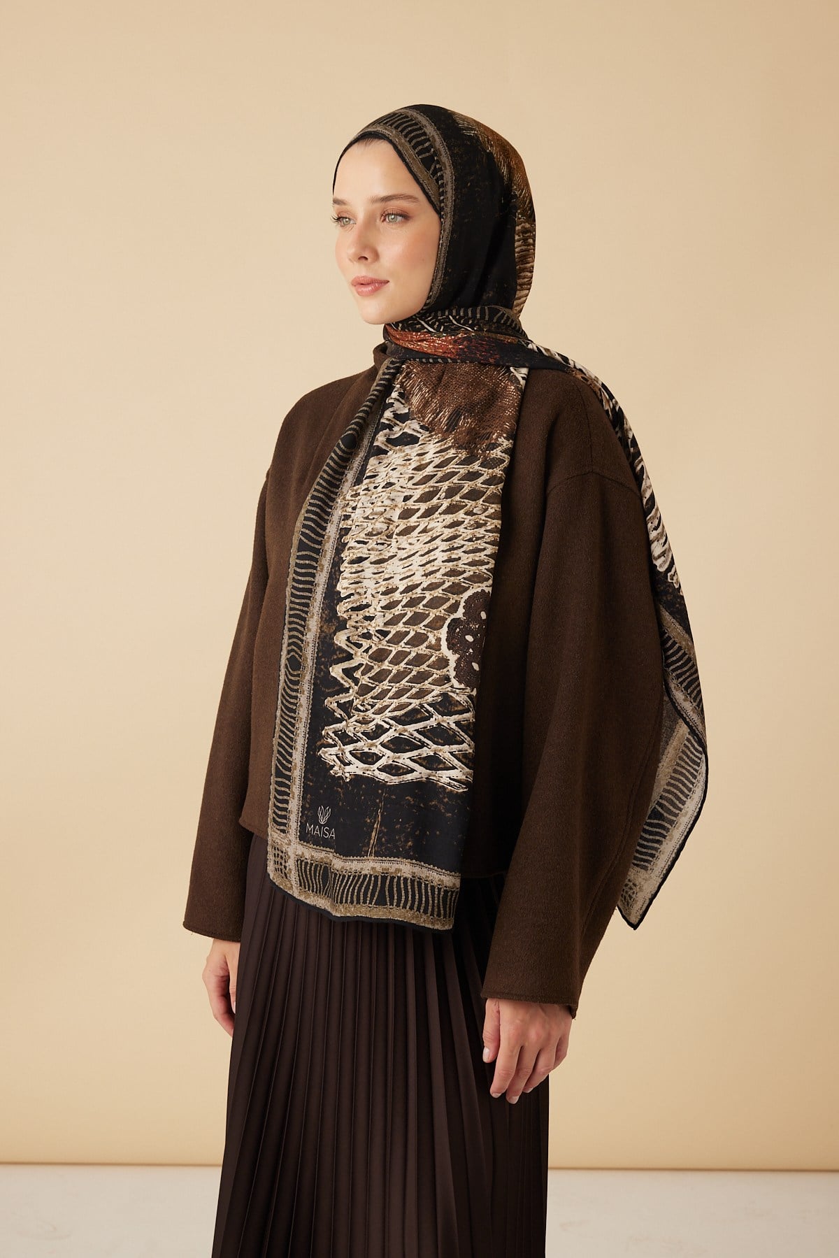 İLMEK YÜN İPEK KAŞMİR ŞAL 70*200 CM - KAHVERENGİ
