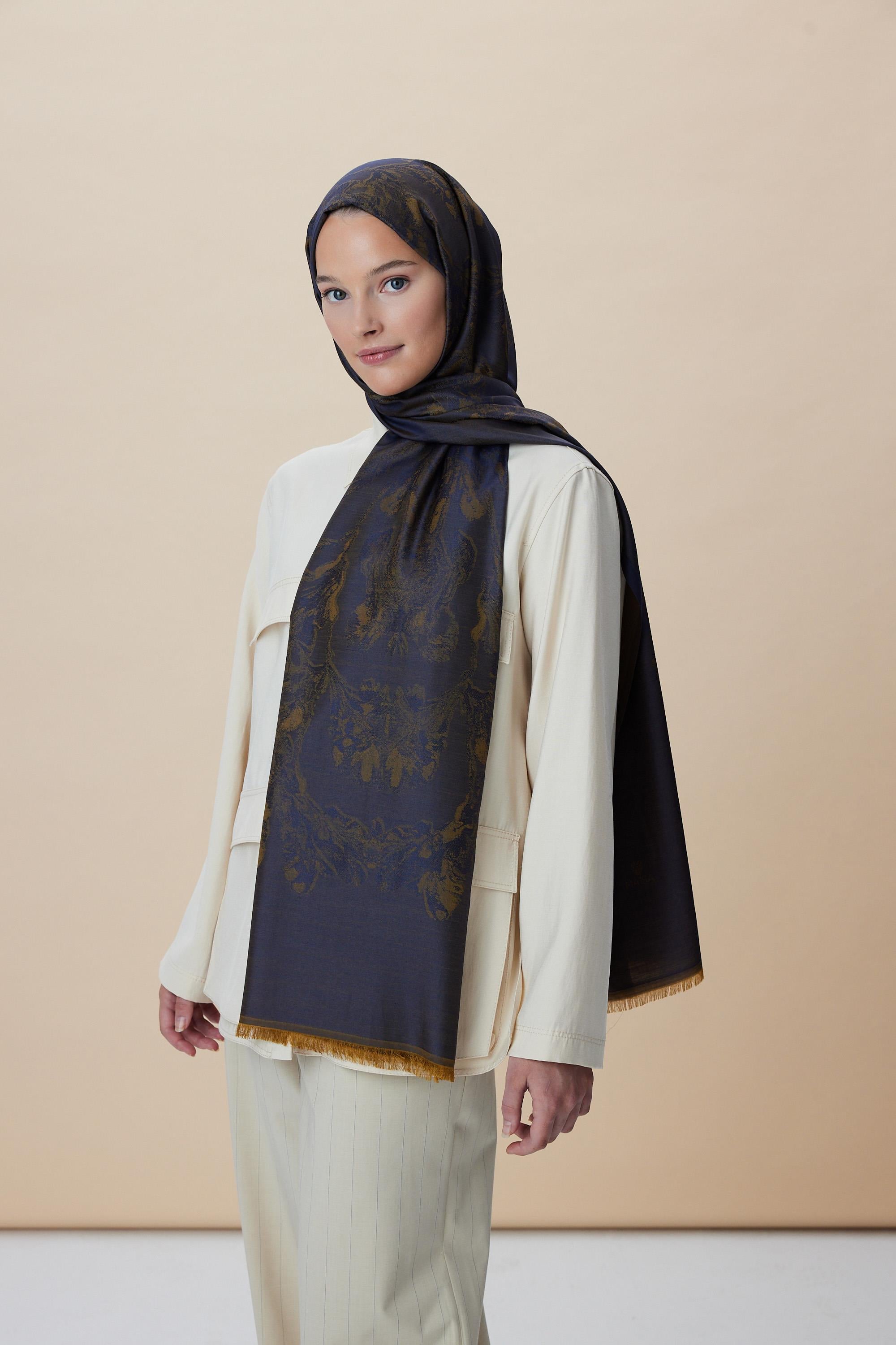 JADE JAKARLI MODAL İPEK ŞAL 70*200 CM - GOLD LACİVERT