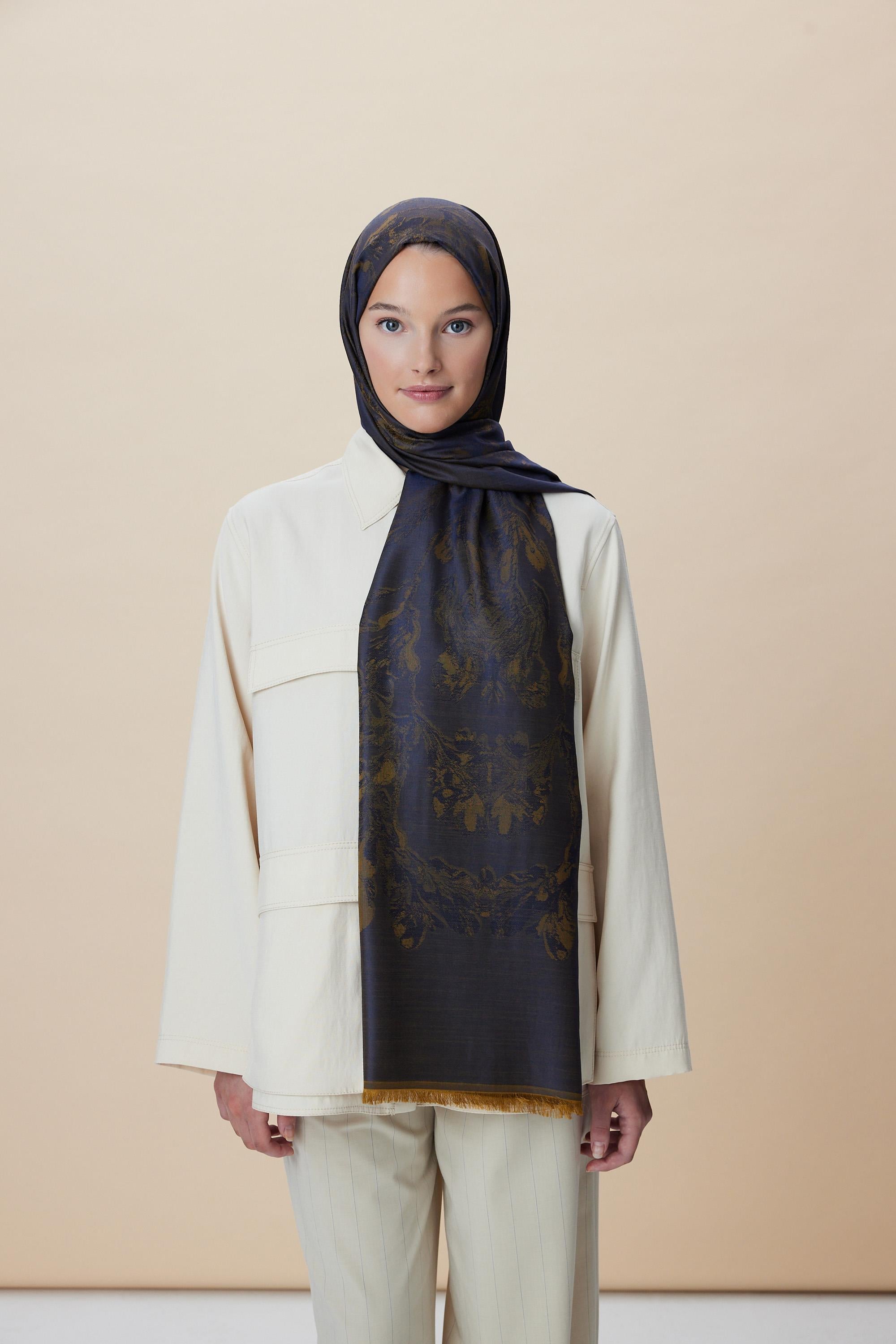 JADE JAKARLI MODAL İPEK ŞAL 70*200 CM - GOLD LACİVERT