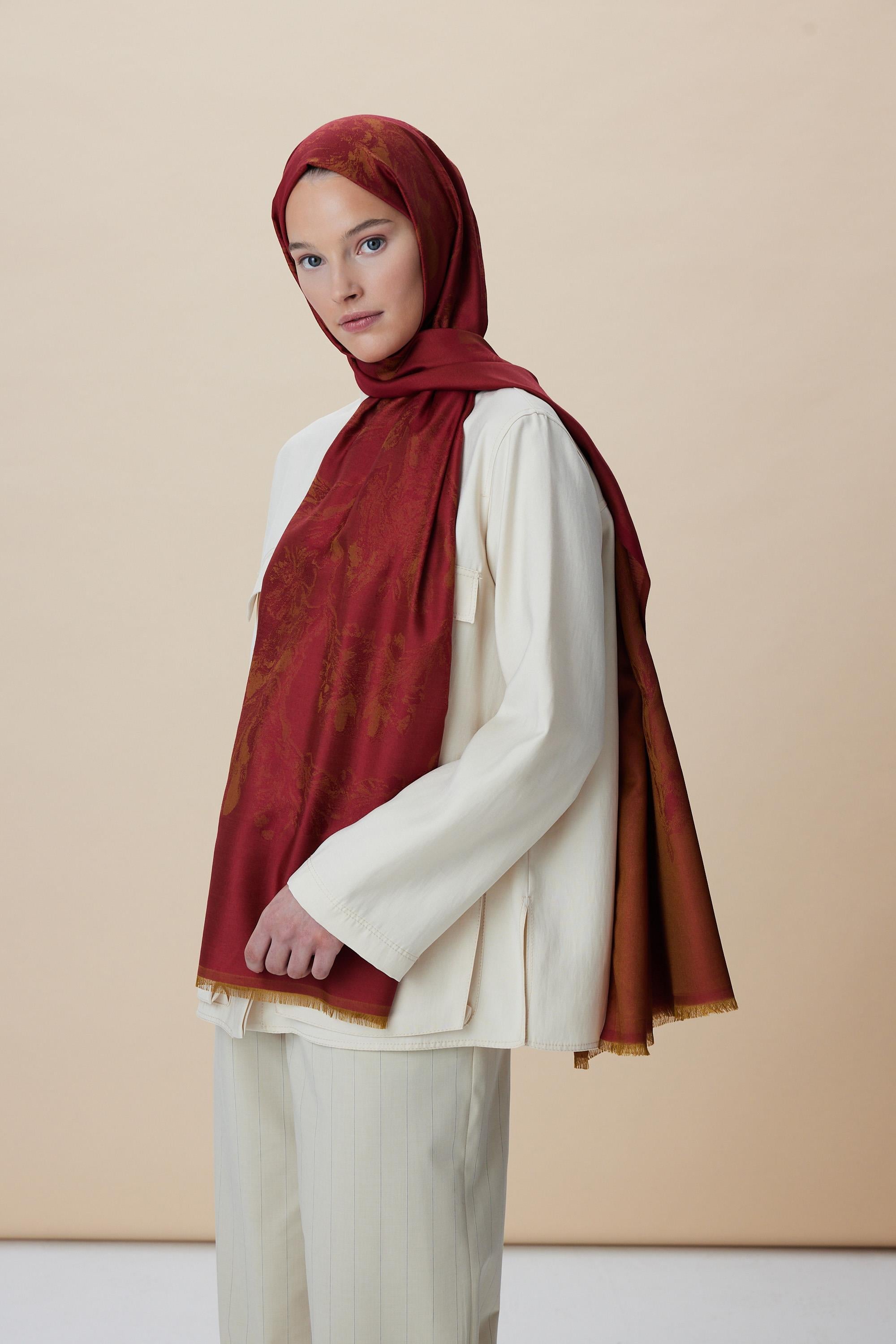 JADE JAKARLI MODAL İPEK ŞAL 70*200 CM - KIRMIZI