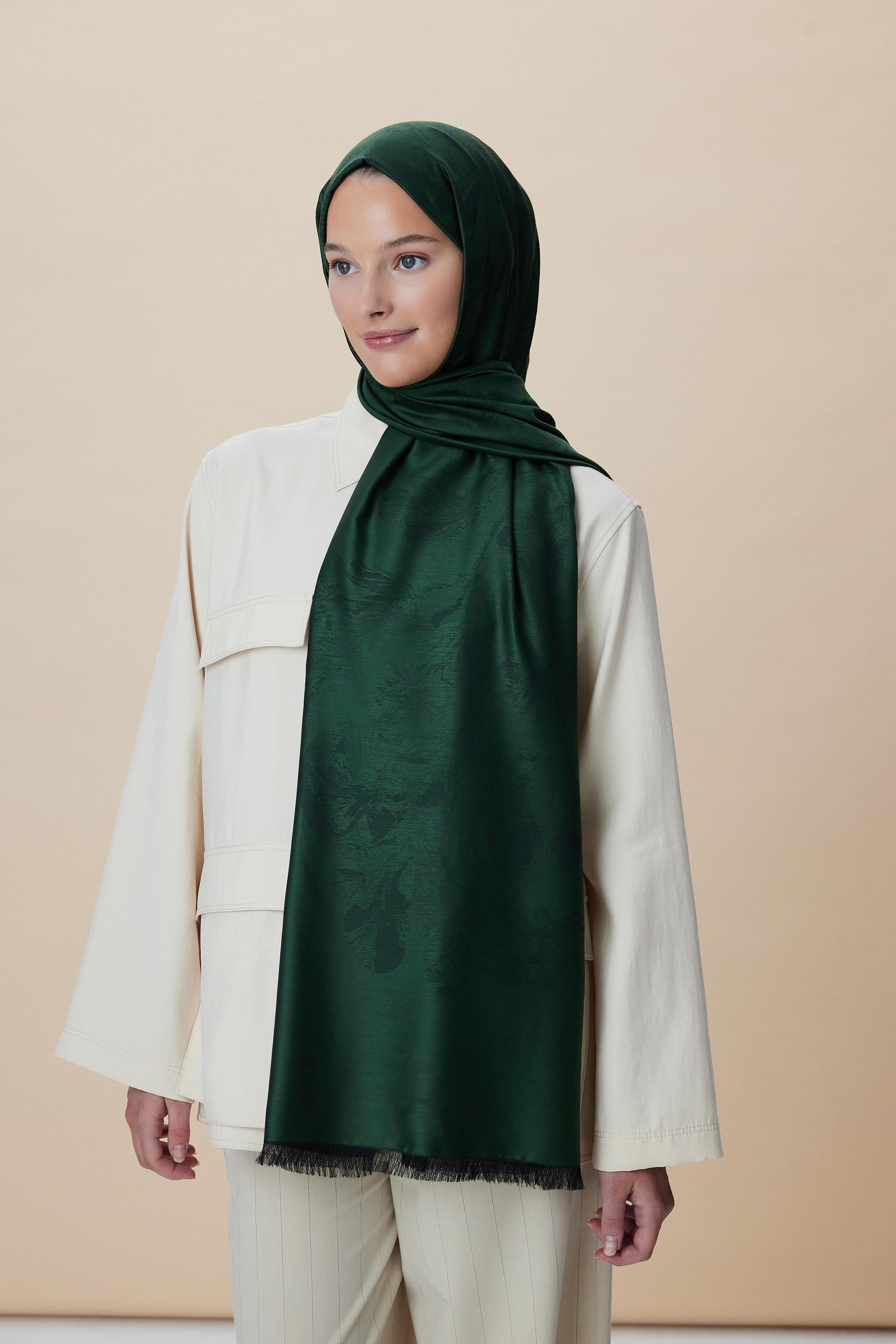 JADE JAKARLI MODAL İPEK ŞAL 70*200 CM - KOYU YEŞİL
