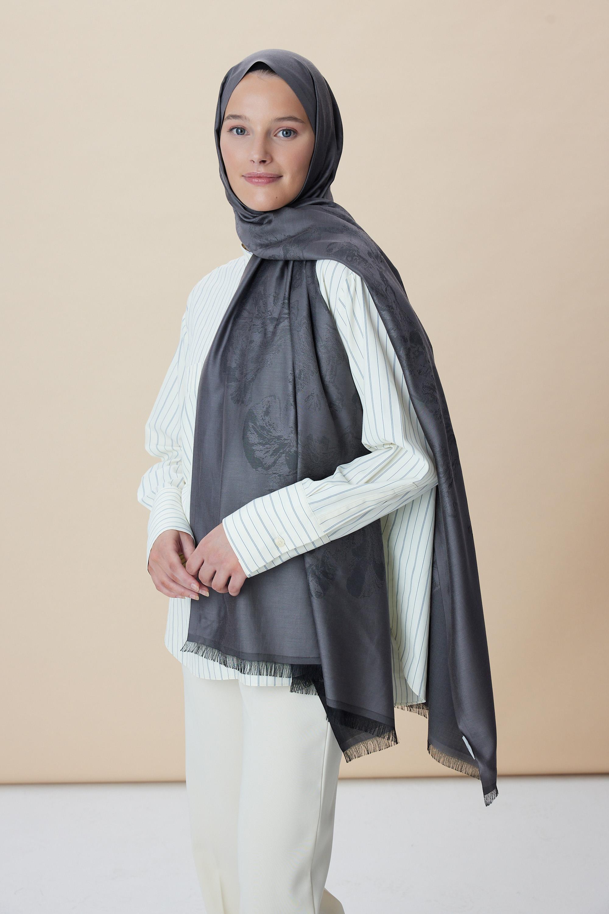 JADE JAKARLI MODAL İPEK ŞAL 70*200 CM - KOYU GRİ