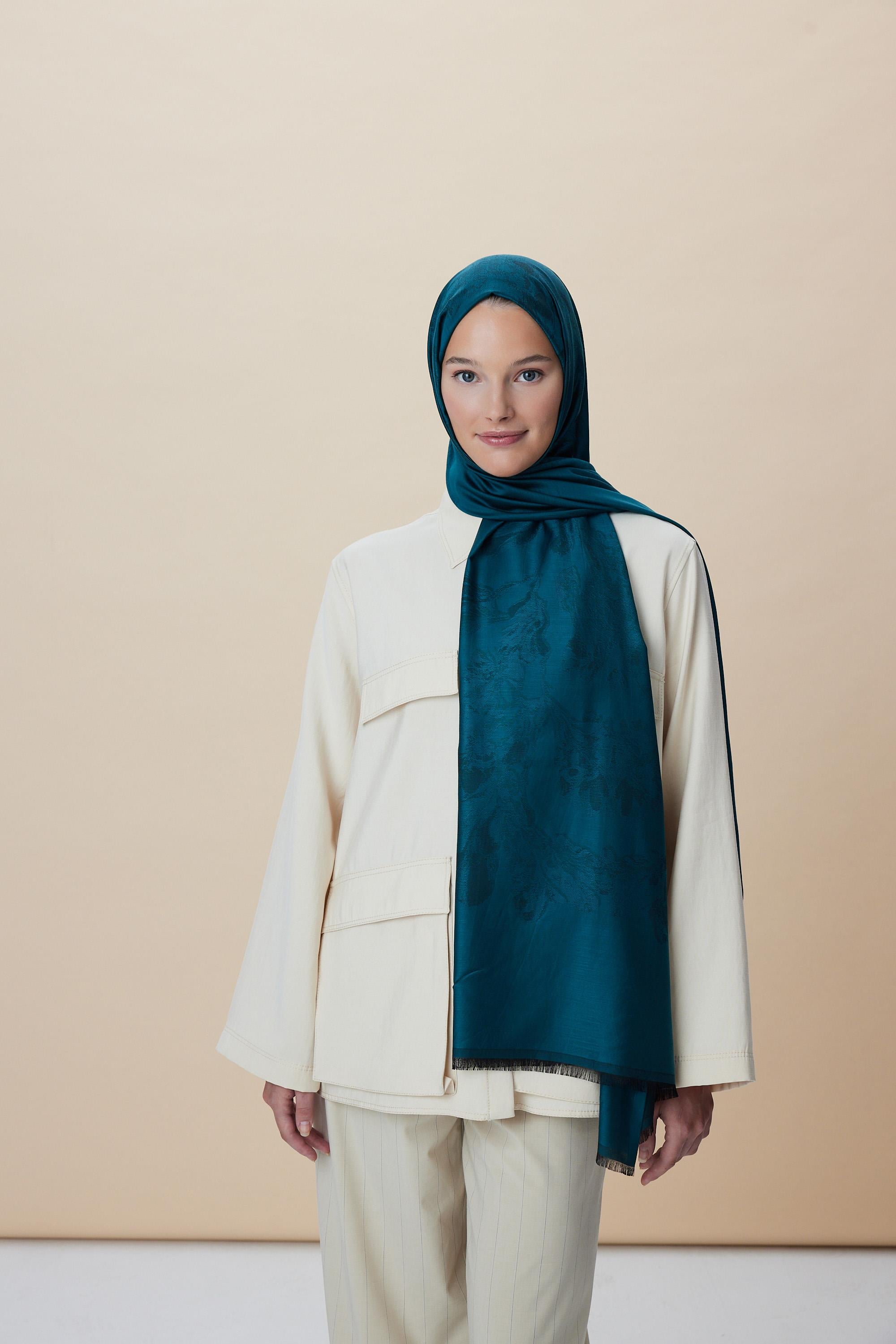 JADE JAKARLI MODAL İPEK ŞAL 70*200 CM - PETROL MAVİ