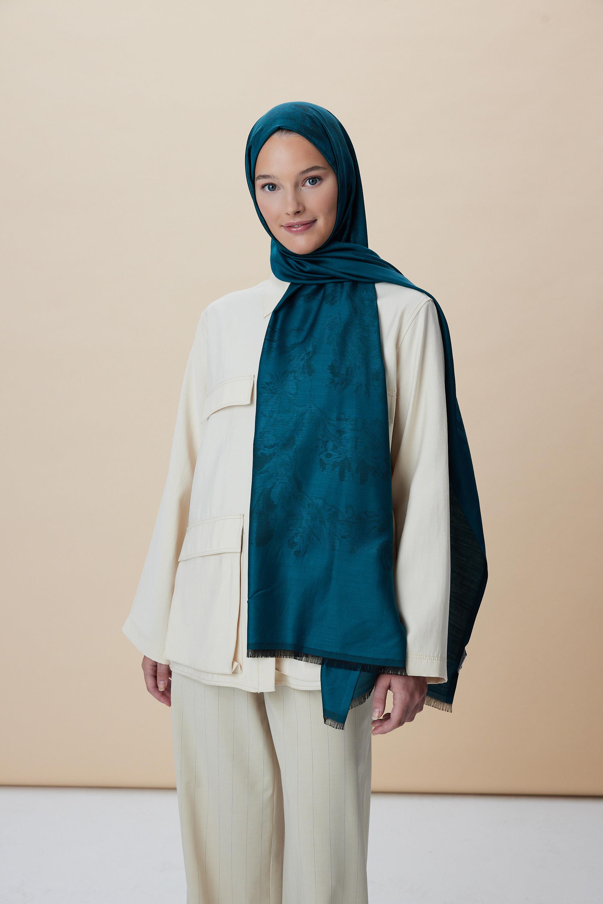JADE JAKARLI MODAL İPEK ŞAL 70*200 CM - PETROL MAVİ